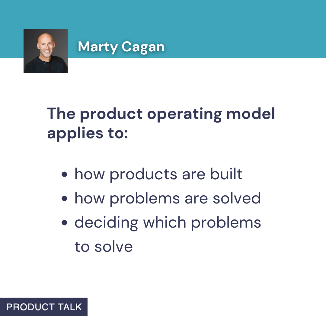 Minimalist slide summarizing the product operating model: bullets list how products are built, how problems are solved, and how to choose problems; teal header on white, aligned to organizational change topics.