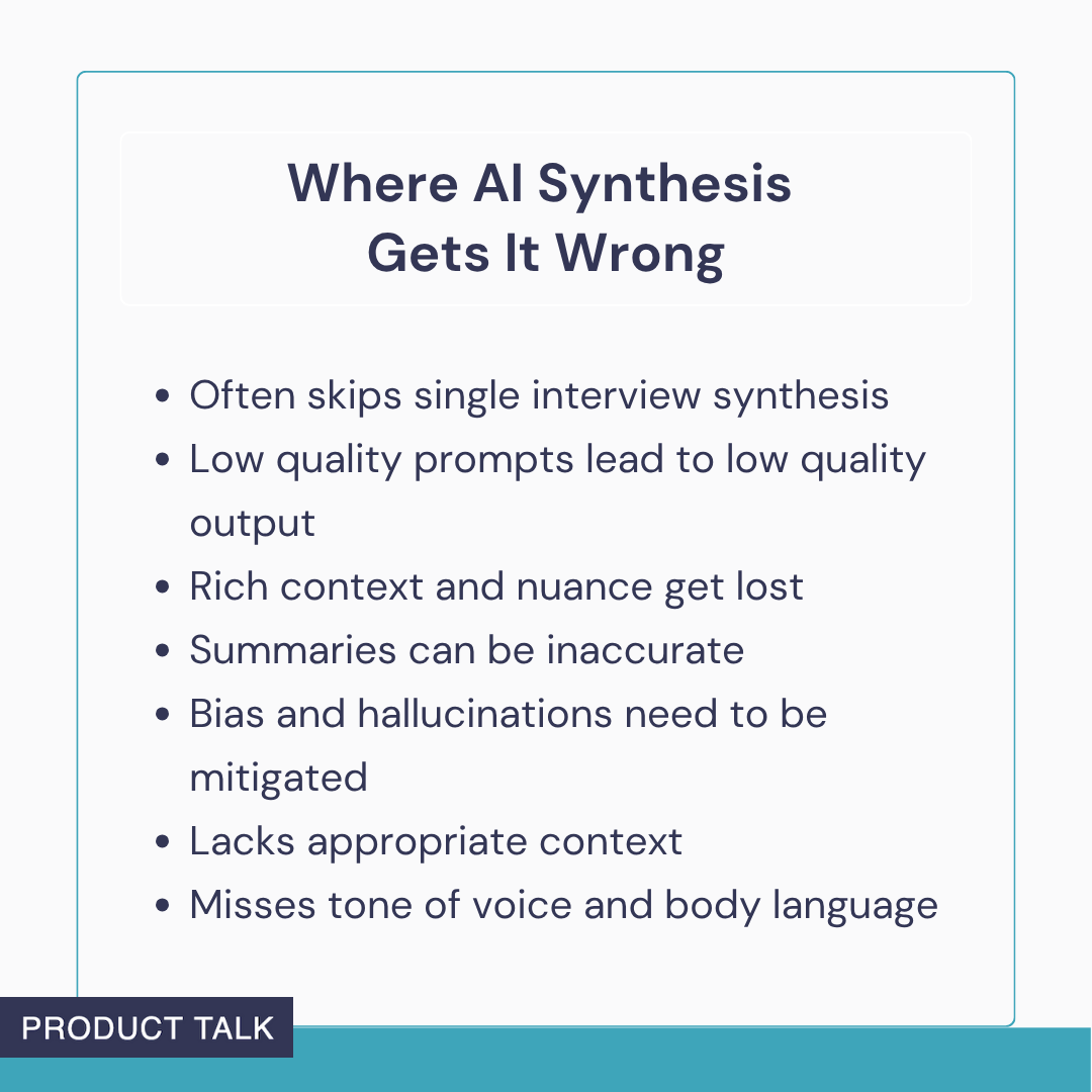 Slide titled 'Where AI Synthesis Gets It Wrong' about AI pitfalls in customer interview analysis: poor prompts, lost nuance, bad summaries, bias, missing context, and missed tone and body language.