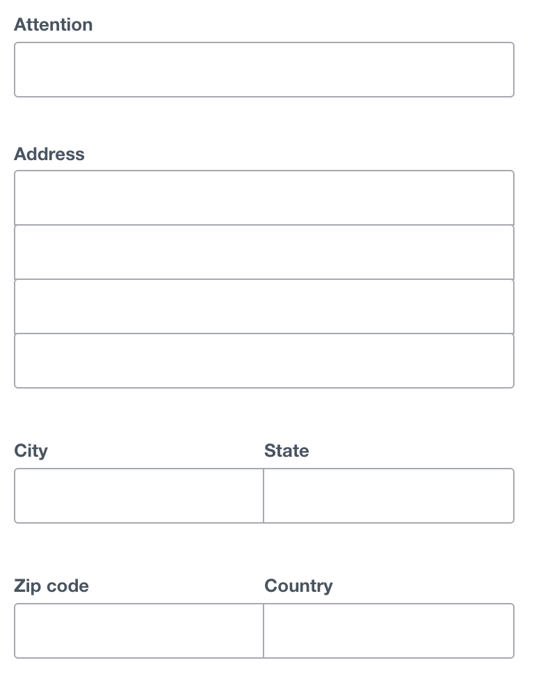 Blank address input form on a white web interface with labeled fields for Attention, multi-line Address, City, State, Zip code, and Country, ready for data entry or AI-powered automation.