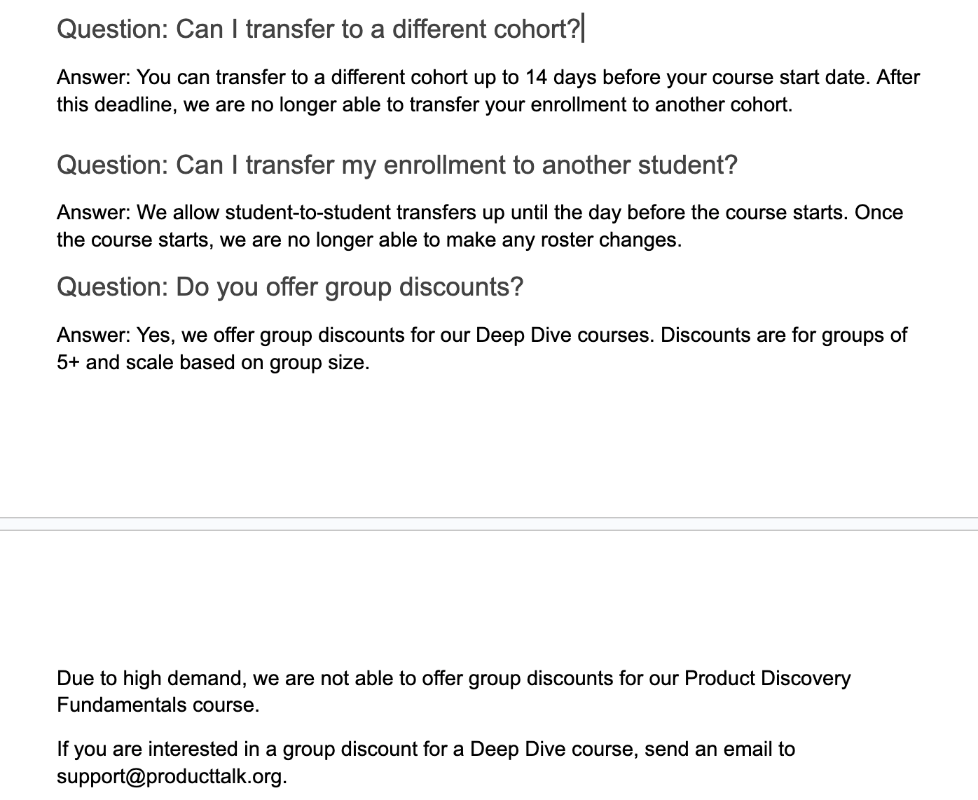 Screenshot of an FAQ section covering cohort transfers, student-to-student enrollment transfers, and group discounts for Deep Dive courses, with a note excluding Product Discovery Fundamentals.
