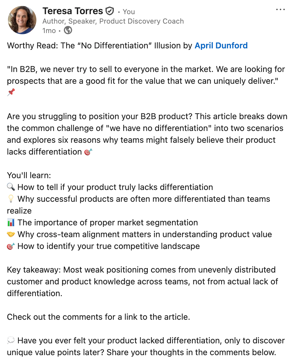 Screenshot of a professional social media post about B2B product positioning and differentiation, using emoji bullets to outline market segmentation, cross-team alignment, and understanding the competitive landscape.