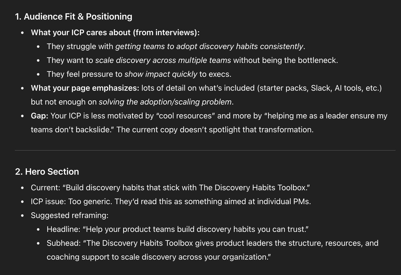 Dark-themed slide with white bullet points reviewing audience fit and positioning for a Discovery Habits Toolbox, highlighting ICP pains, messaging gaps, and a reframed hero for product leaders.