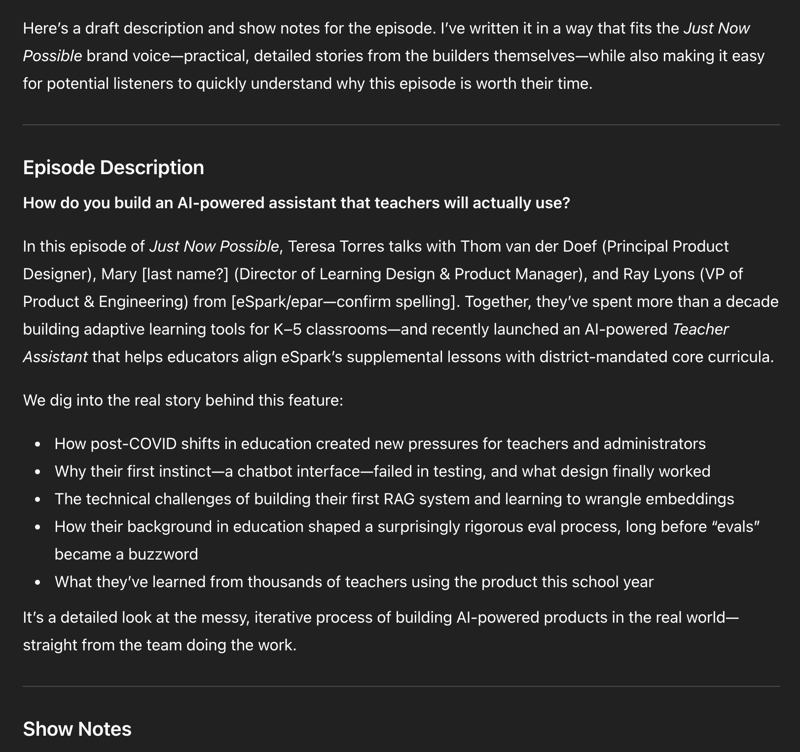 Dark-mode screenshot of a podcast episode description about building an AI-powered Teacher Assistant for K–5 educators, with bullet points on RAG, evaluation, chatbot UX, and post‑COVID classroom needs.
