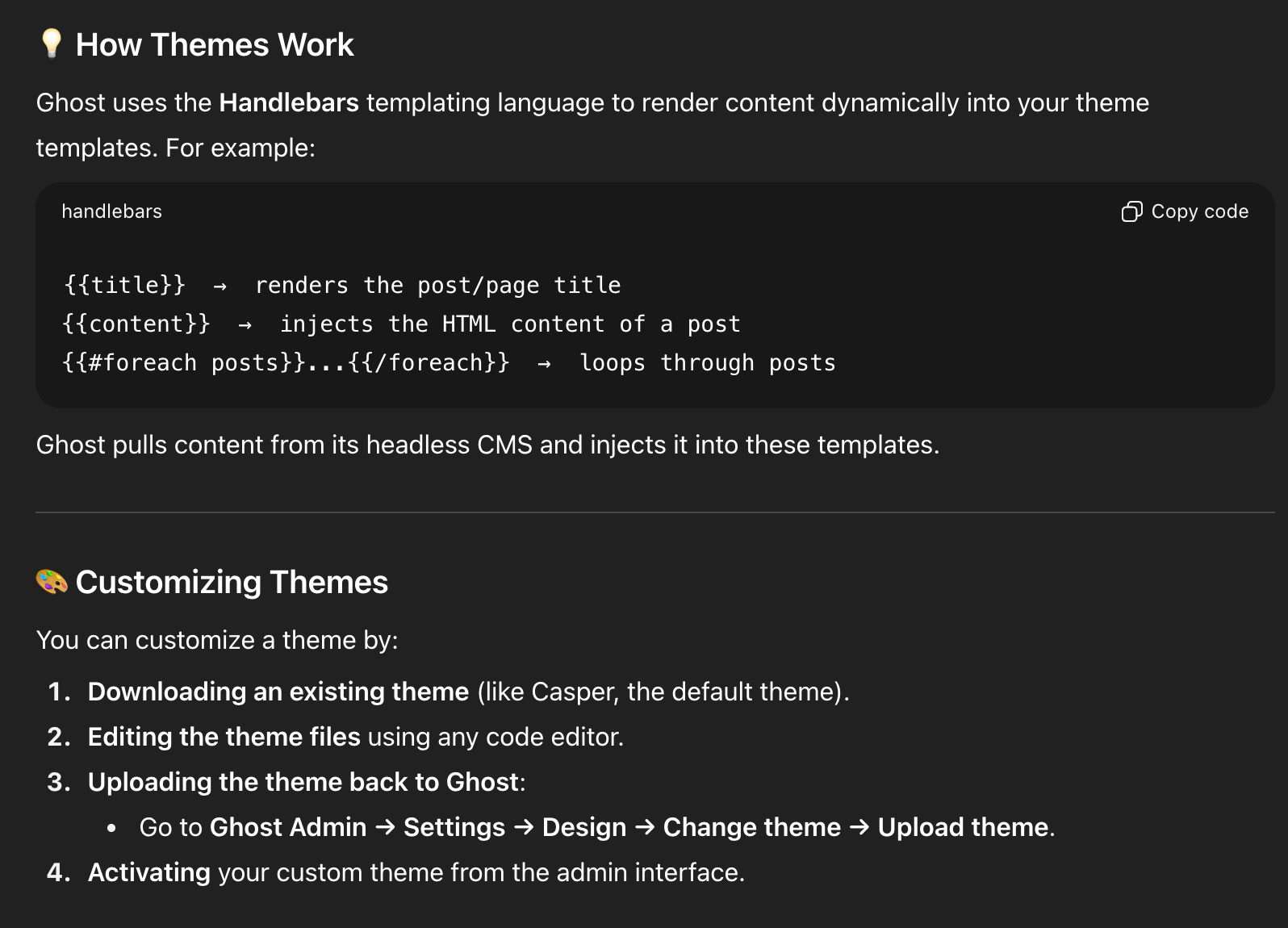 Dark-mode Ghost CMS documentation screenshot showing How Themes Work, with a Handlebars code example (title, content, foreach) and a Customizing Themes list to download, edit, upload, and activate.