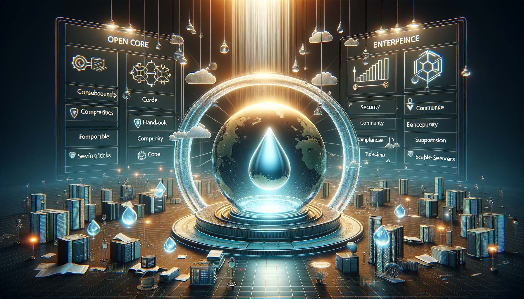 Futuristic 3D illustration comparing an open core and enterprise software model, featuring a glowing data droplet inside a globe, holographic dashboards, servers, books, and cloud icons.