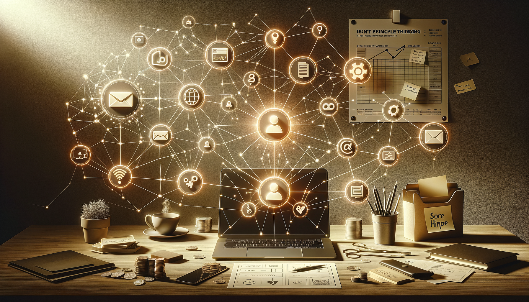 Warm-lit home office desk with a laptop as glowing network icons for email, users, settings, and analytics float across the wall, symbolizing digital marketing, automation, data flow, and interconnected workflows.