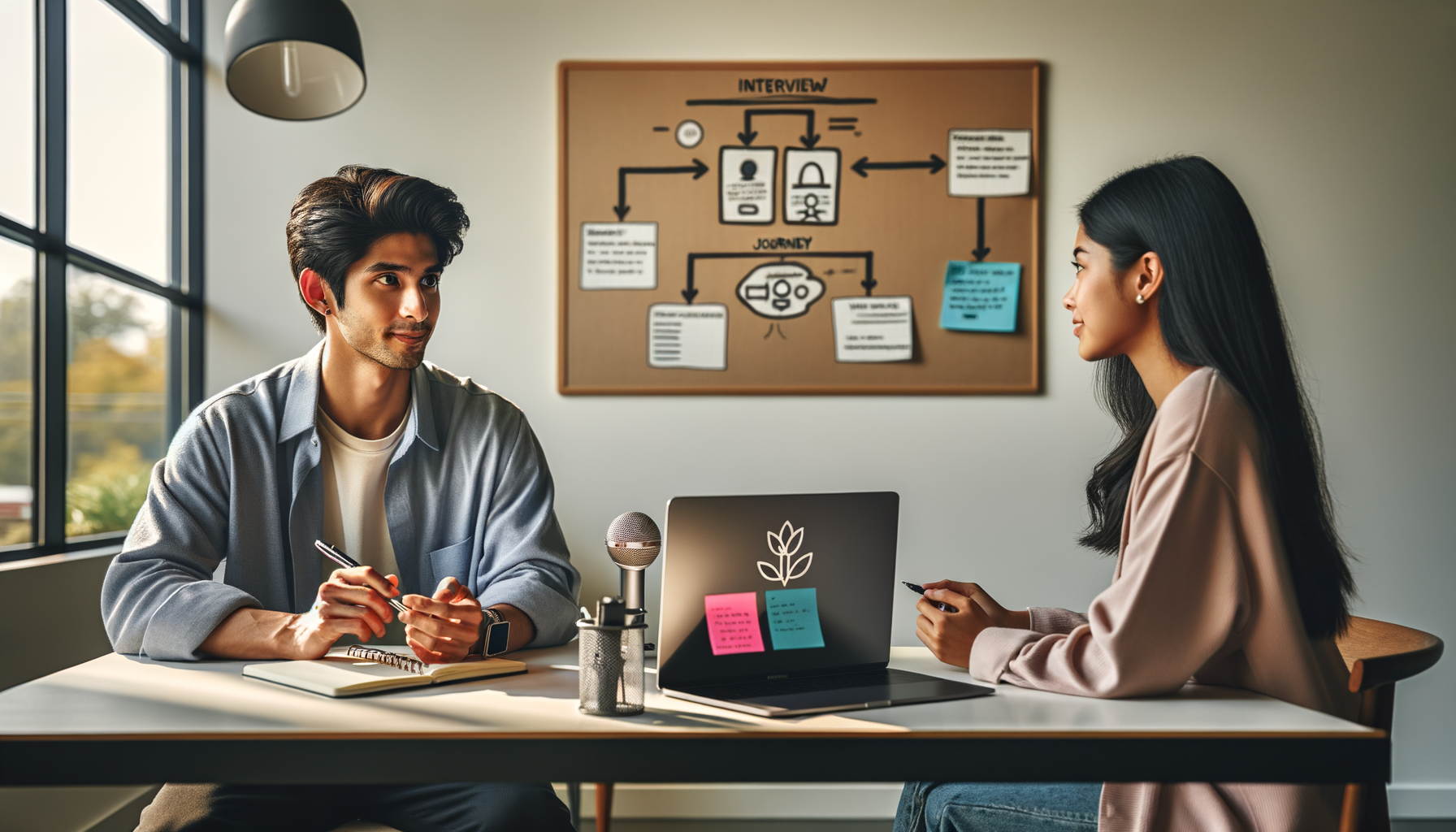 Two colleagues in a sunlit office sit across a table for a recorded interview, with laptop, notebook, and desk mic, as a corkboard behind them shows a flowchart of research and user journey steps.