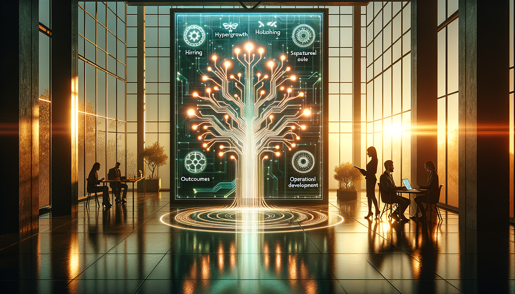 Sunlit modern office where teams collaborate beside a towering screen displaying a glowing circuit-tree infographic, symbolizing AI, data-driven growth, outcomes, hiring, and operational development.