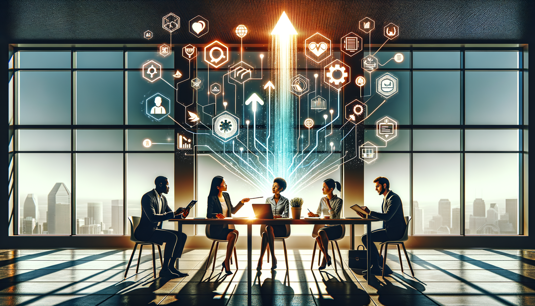 Diverse professionals meet in a modern glass-walled office as glowing data icons and an upward arrow rise above the table, illustrating AI-powered analytics, digital transformation, teamwork, and business growth.