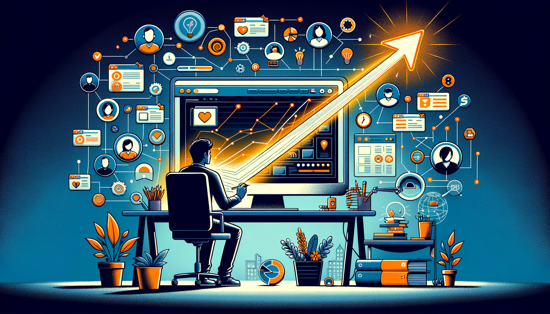 Stylized illustration of a person at a desk analyzing a marketing dashboard, with charts, social icons, and a glowing upward arrow indicating growth; modern office setting in teal and orange tones.