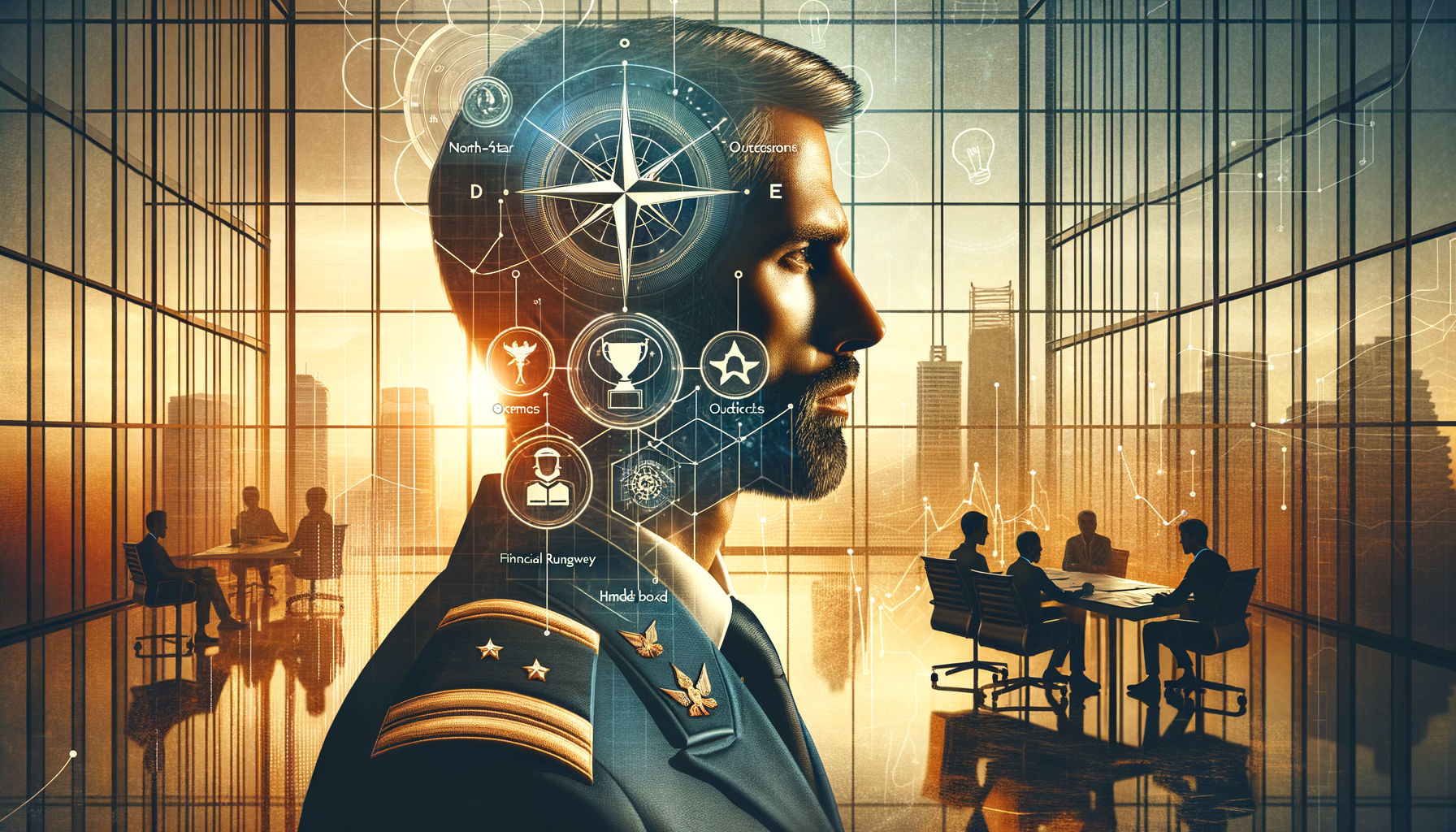 Strategic portrait of a uniformed professional with compass and award icons overlaid, set in a glass-walled boardroom at sunset, with collaborating teams, skyline reflections, and data graphics symbolizing leadership.