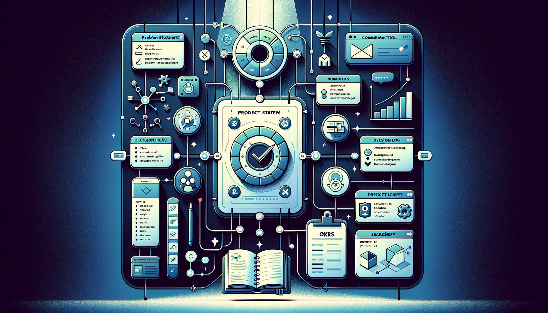 Stylized project management dashboard on a dark blue background, with a central checkmark dial linked to icons for tasks, OKRs, decision logs, analytics, messaging, a mobile app, and a notebook.