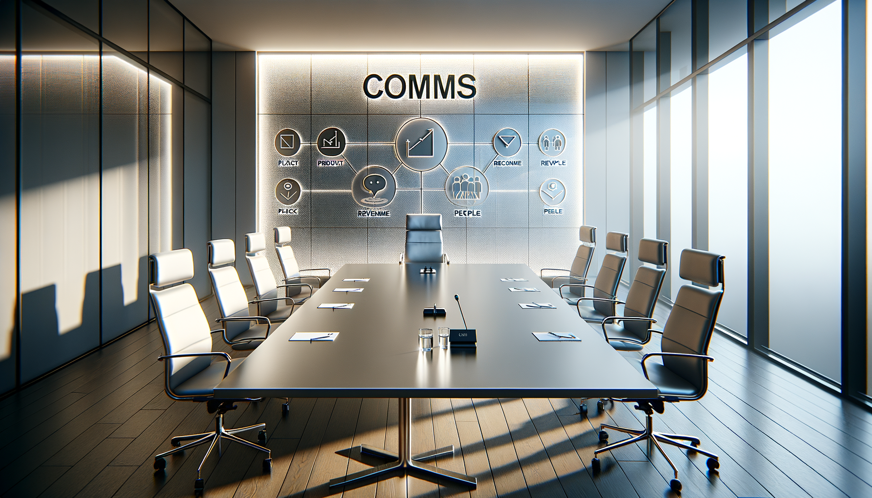 Sunlit modern boardroom with a long conference table, leather executive chairs, and a wall display labeled COMMS with strategy icons, prepared for a communications meeting with microphones and notepads.
