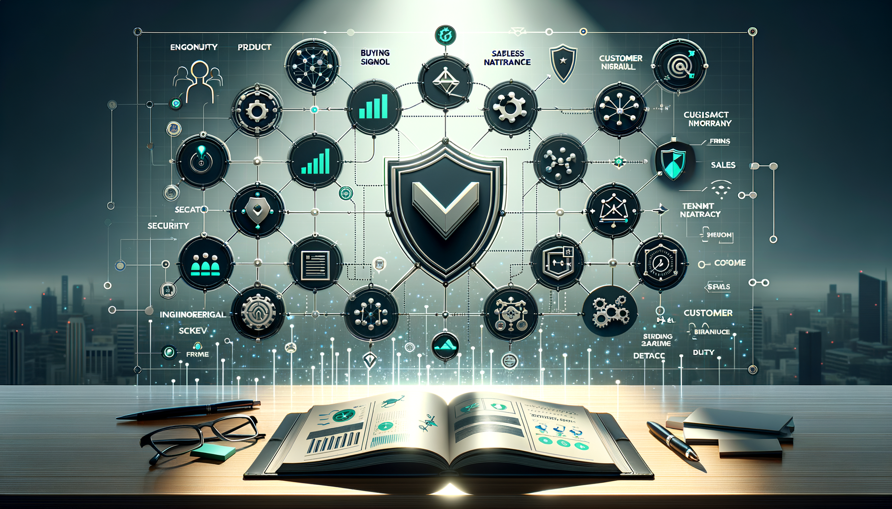 Open report on a desk with glasses and pens beneath a holographic network of connected icons and a central shield, illustrating cybersecurity, data analytics, governance, and enterprise knowledge systems.
