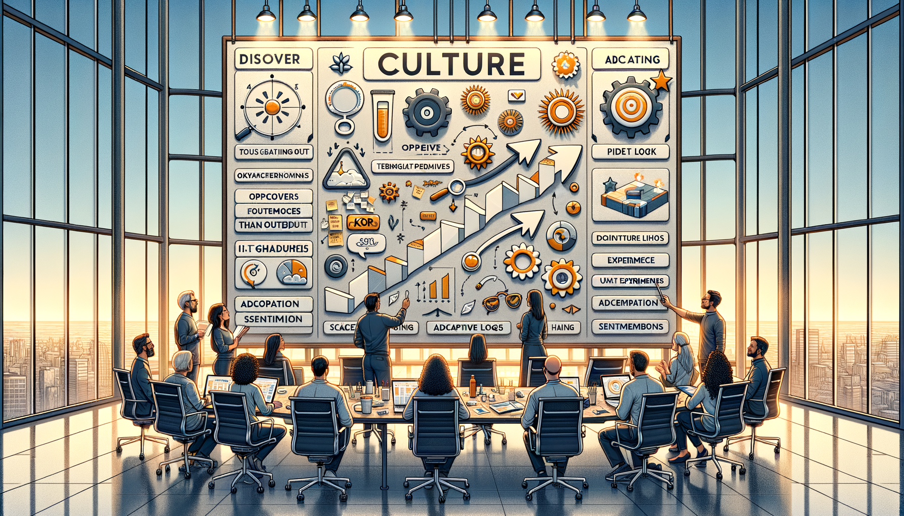 Illustrated boardroom with executives reviewing a giant culture strategy dashboard packed with gears, charts, arrows, and icons, set before floor-to-ceiling glass and a sunset city skyline.