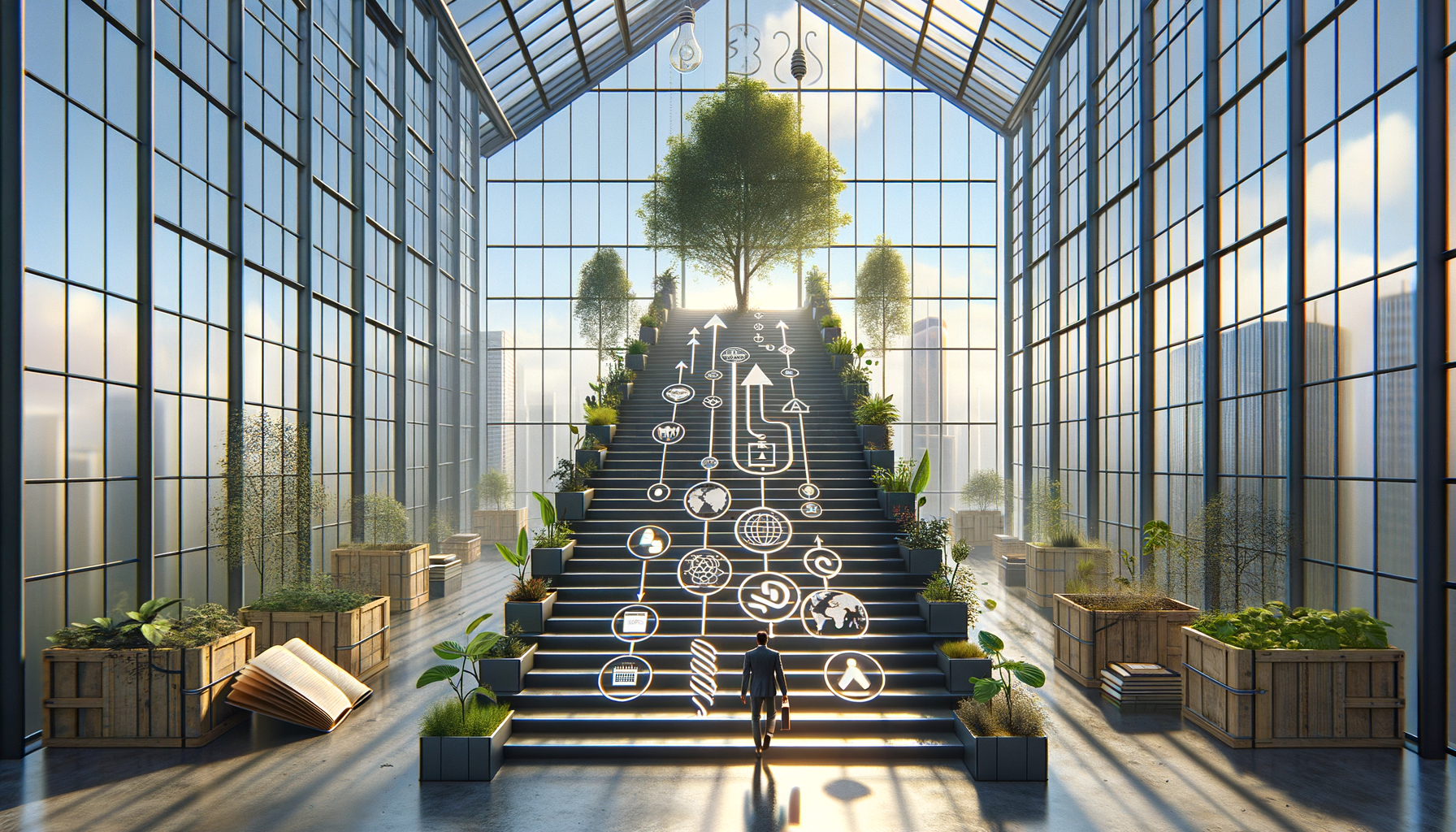 Bright glass atrium with a wide stairway bordered by planters and a sunlit tree above, overlaid with glowing icons for energy, climate, and growth as a suited person approaches carrying a briefcase.
