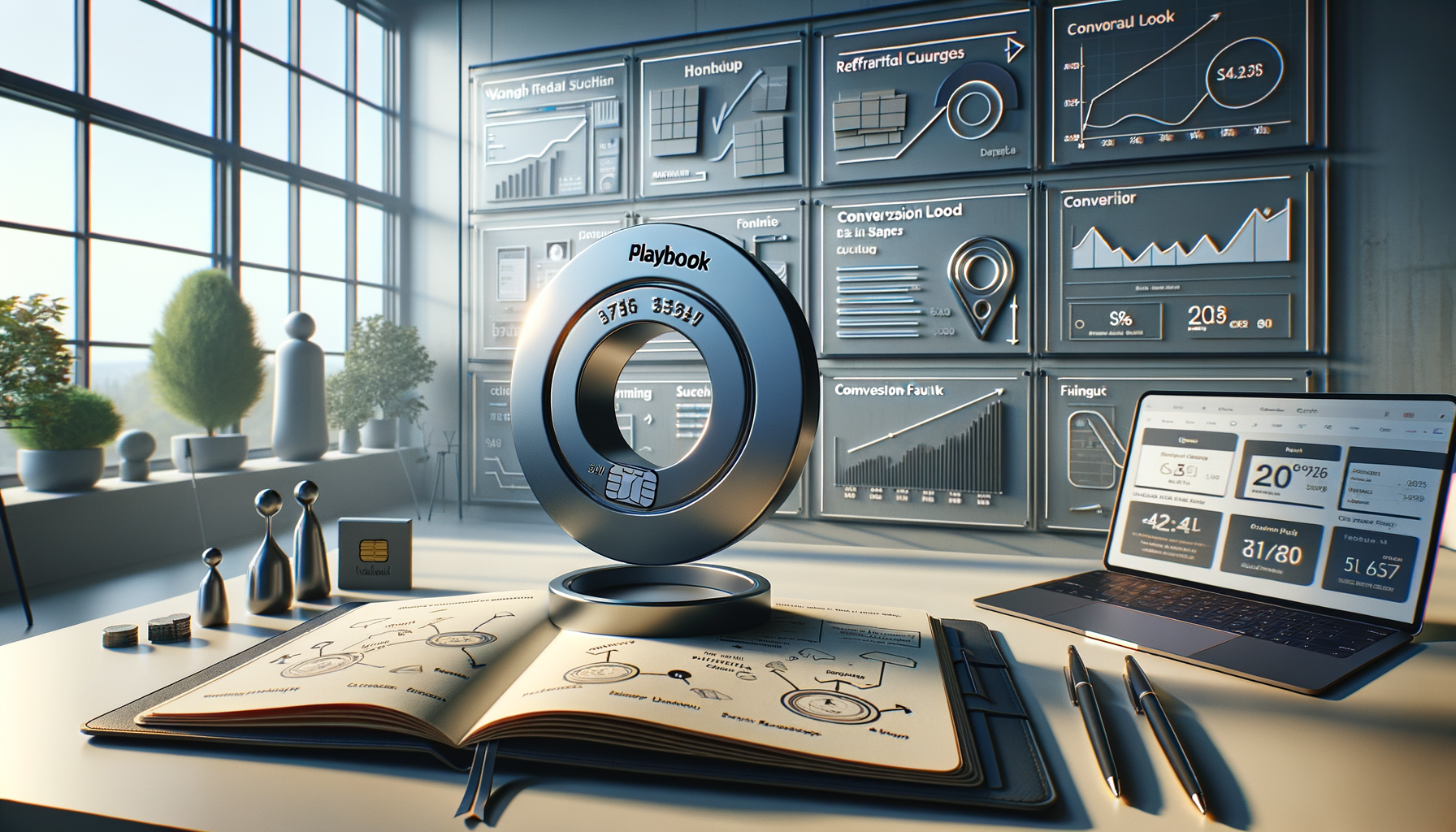 Sunlit workspace featuring an open strategy notebook, a levitating metallic ring labeled 'Playbook', a laptop with KPI dashboards, and a wall of analytic charts, with plants by tall windows creating a calm, modern feel.