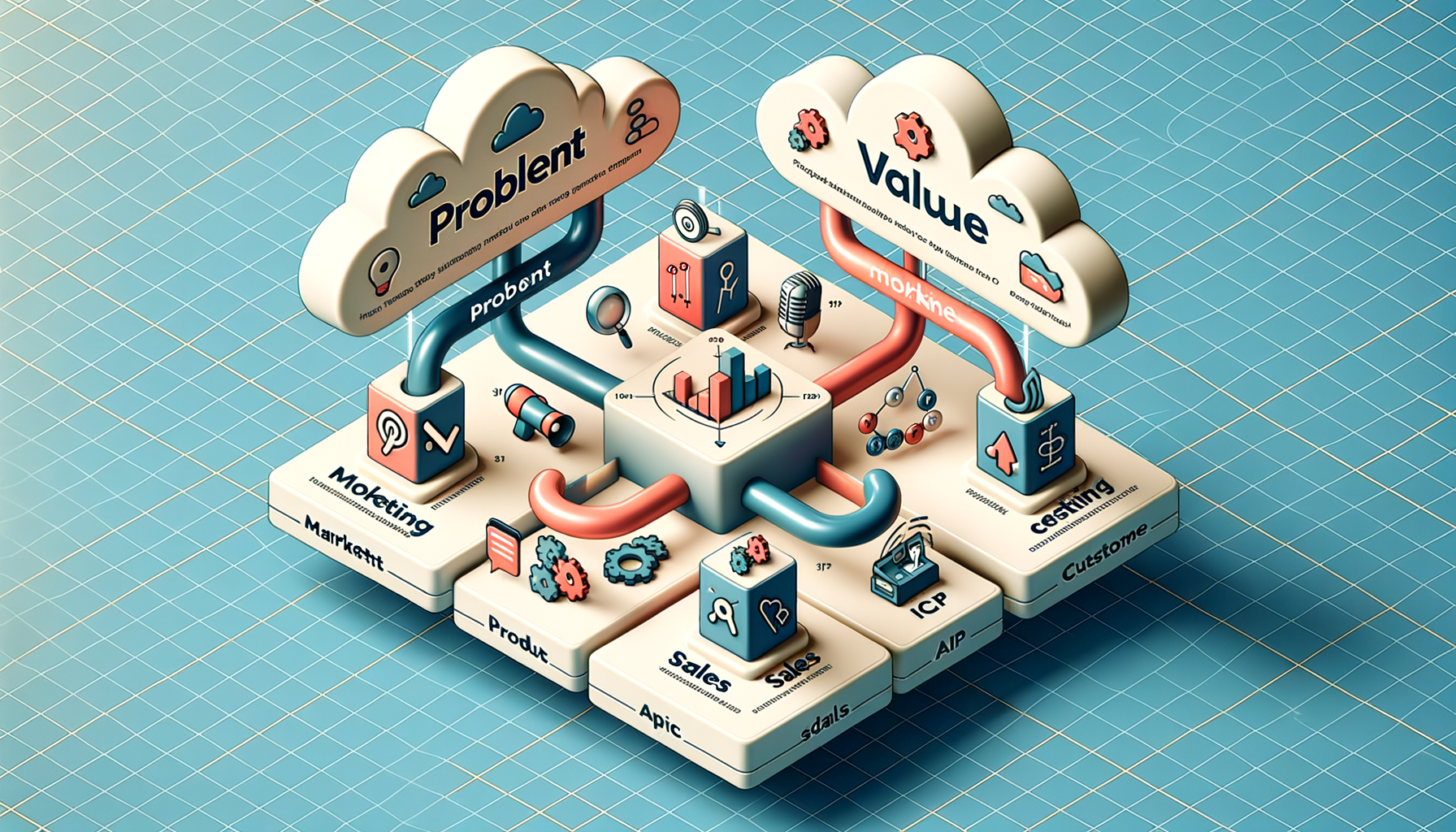 Isometric 3D infographic of a product‑market fit framework: clouds labeled Problem and Value route pipes to blocks for marketing, product, sales, ICP, and pricing, with charts, gears, and icons in blue and coral.