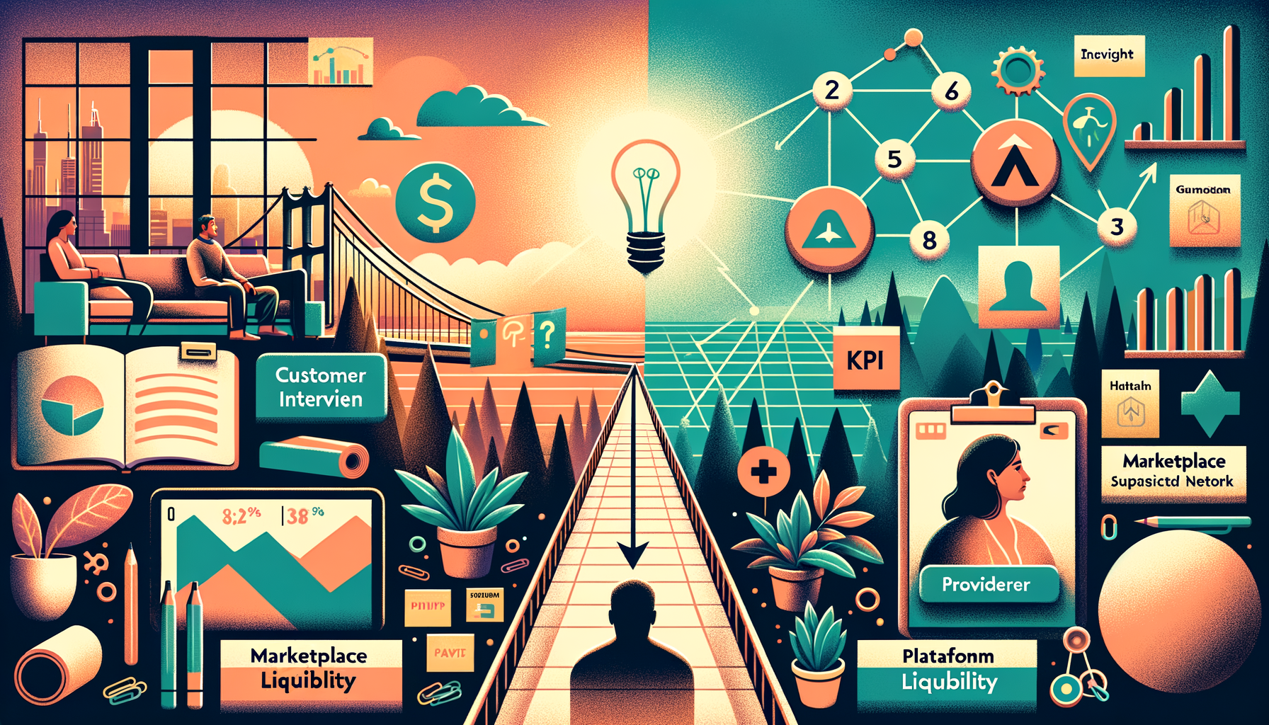 Illustrated split-screen business strategy scene with a bridge to innovation, central light bulb, charts and KPIs, “customer interview” and “marketplace liquidity” panels, provider profile, network nodes, and growth icons.