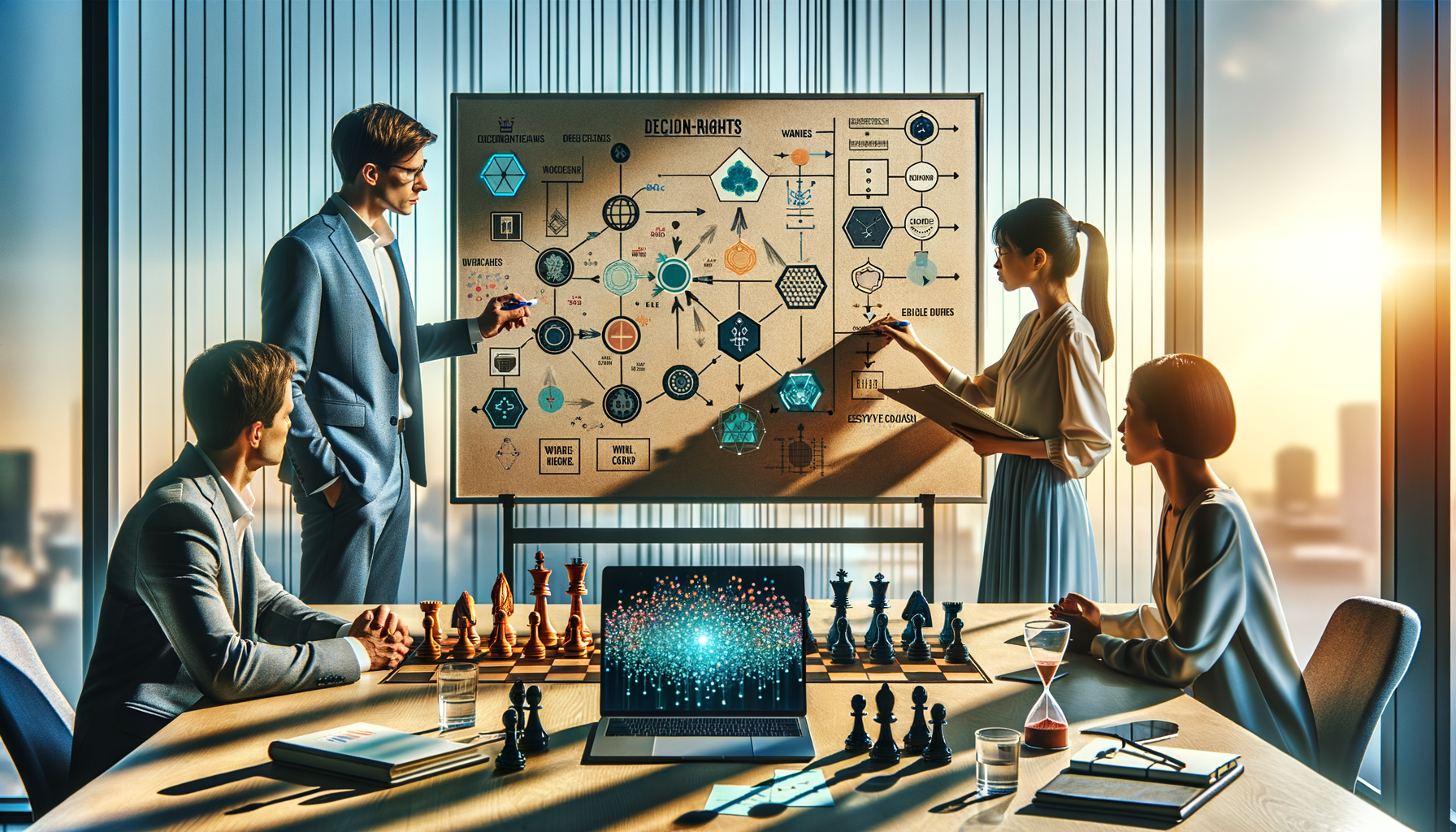 Team in a modern boardroom analyzing a strategy board filled with diagrams and data, with a laptop visualization and chess pieces symbolizing decision-making, against a sunset city skyline backdrop.