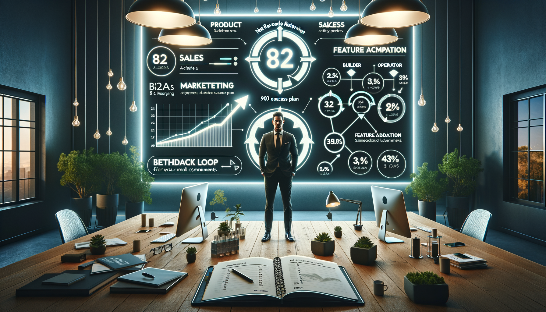 Contemporary conference room with a long wooden table, laptops, notebooks, and plants, facing a glowing wall of analytics where a suited professional stands amid charts, graphs, and KPIs.