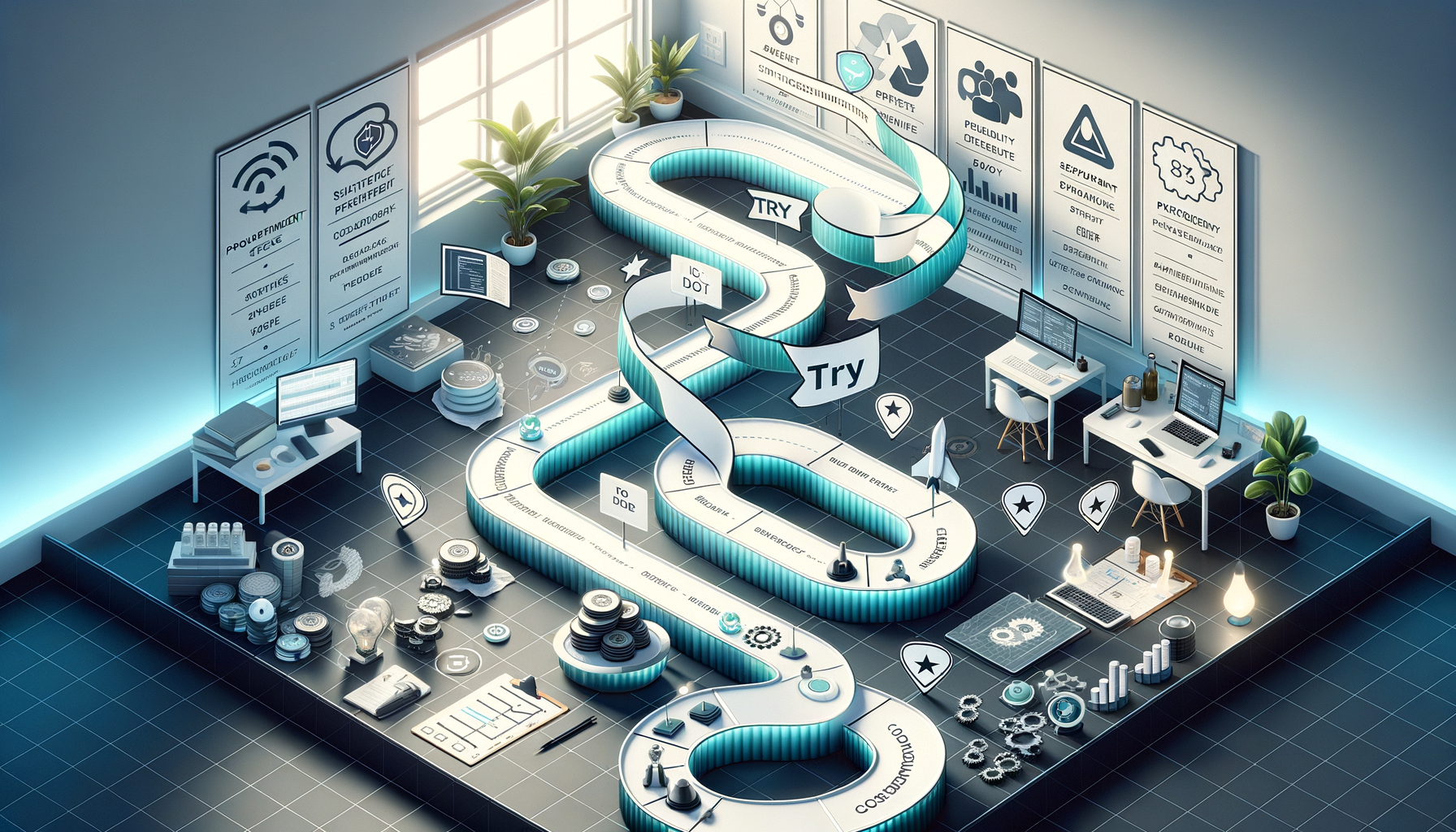 Isometric office scene with a winding ribbon roadmap that visualizes an innovation workflow, surrounded by desks with laptops, charts, gears, lab glassware, and a rocket icon under soft teal lighting.