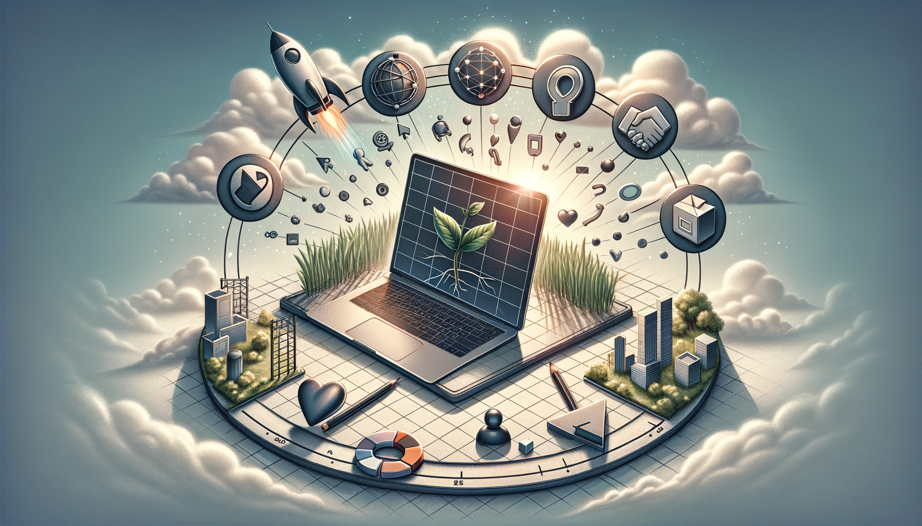 Digital illustration of a laptop in the clouds displaying a seedling, encircled by rocket, globe, network, handshake and cube icons, with charts, grass and mini skyscrapers—symbolizing sustainable tech growth.