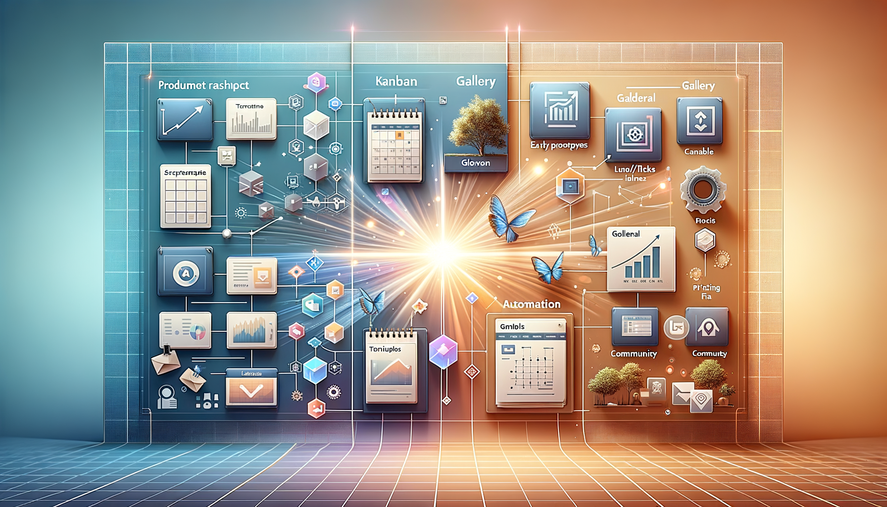 Colorful product roadmap dashboard split between cool blue and warm orange, showing kanban boards, charts, automation widgets and connected icons converging into a radiant center