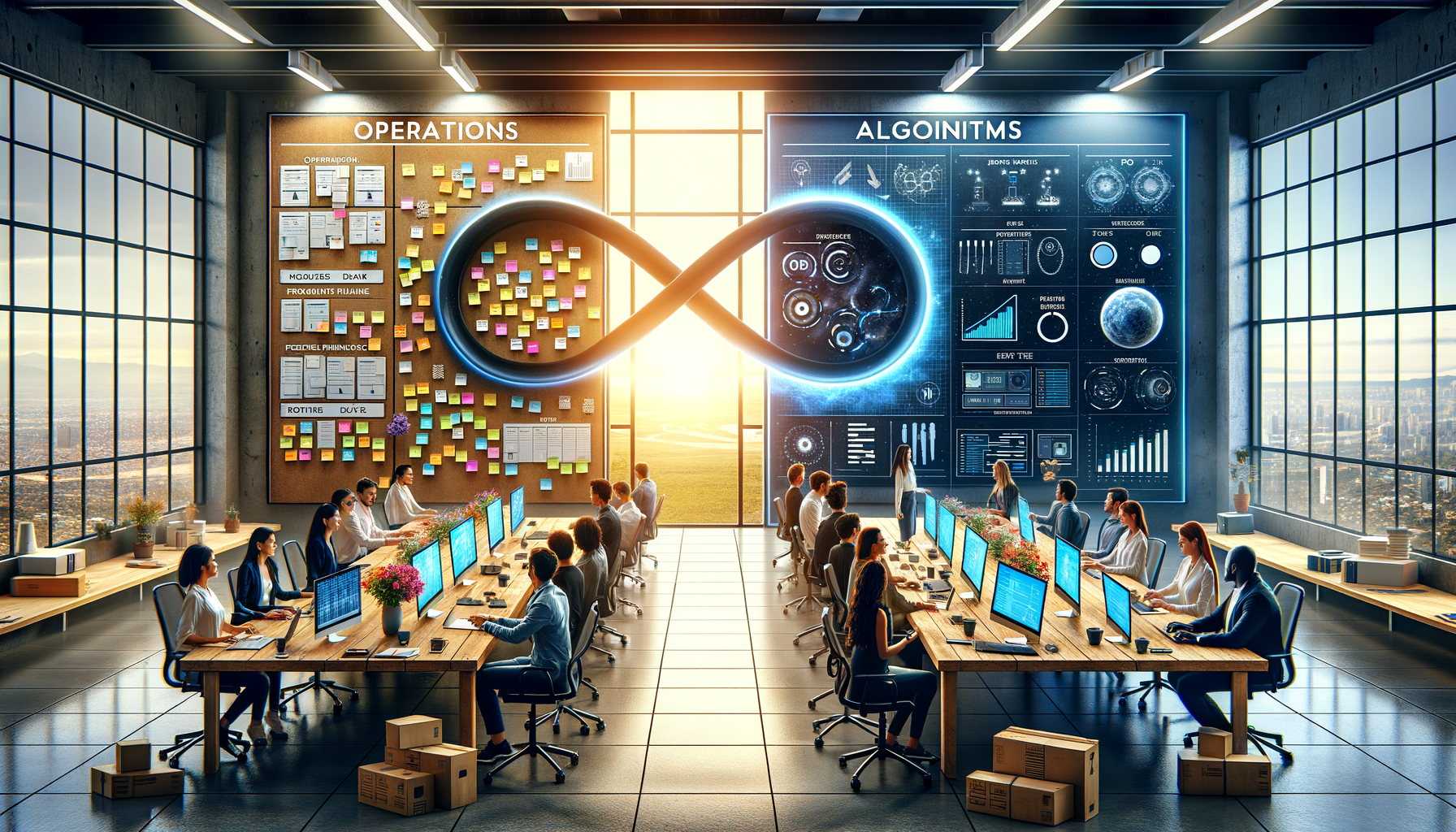 Modern open-plan tech office with teams coding at long desks, beside an 'Operations' sticky-note wall and an 'Algorithms' data board, a glowing infinity loop, and sunset through floor-to-ceiling windows.