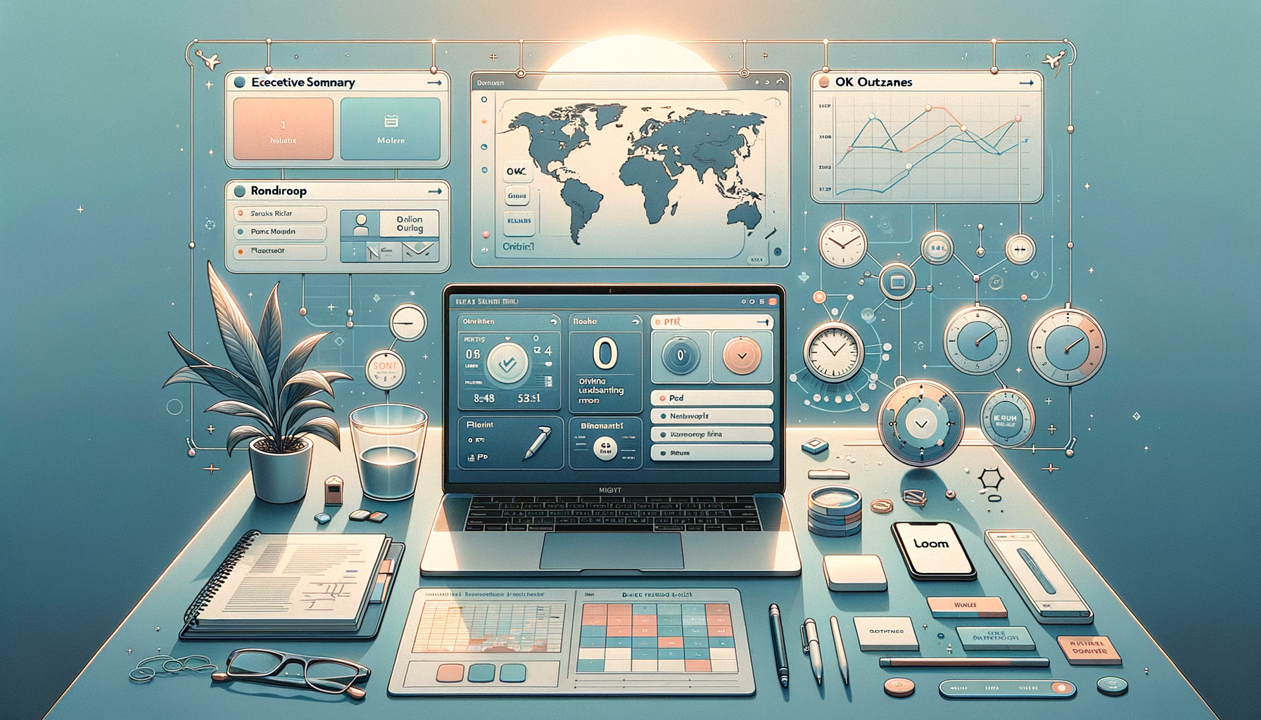 Futuristic workspace with a laptop displaying dashboards, a world map, graphs, and timers, surrounded by a notebook, phone, glasses, pens, and a plant on a tidy teal desk.
