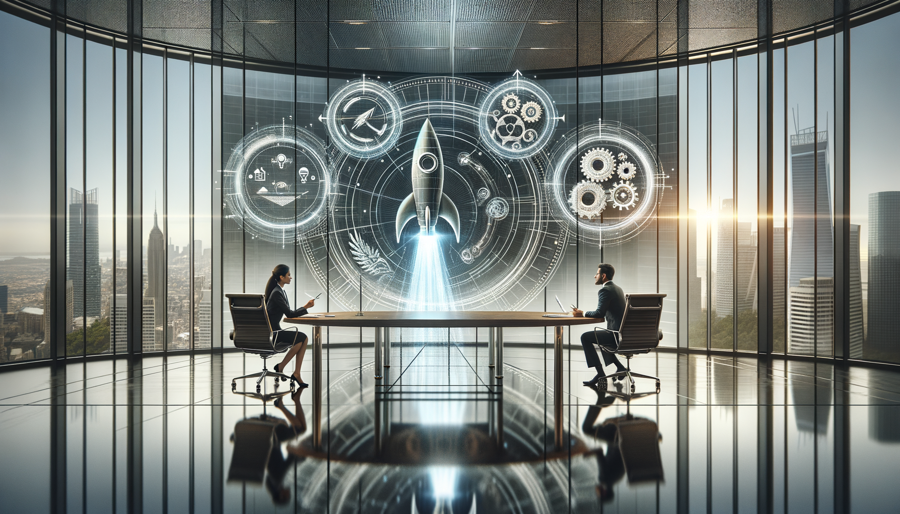 Futuristic boardroom with two executives at a long table overlooking a city skyline, featuring a holographic rocket and gear diagrams that symbolize a startup launch, innovation, and strategic growth.