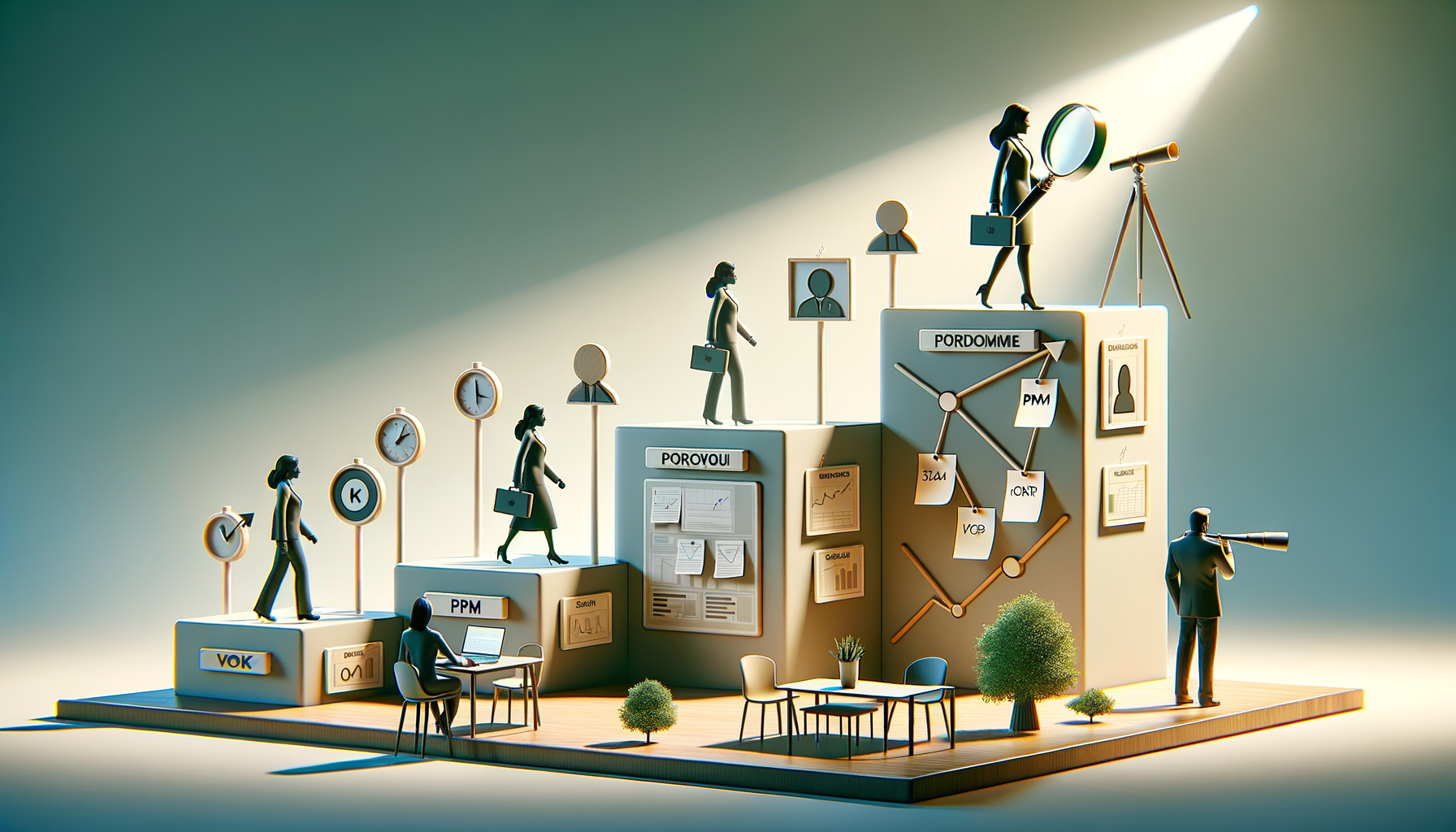 Stylized 3D diorama of professionals climbing steps with clocks, charts, and flowcharts, representing project management, hiring workflows, timelines, and strategic planning in a modern office.