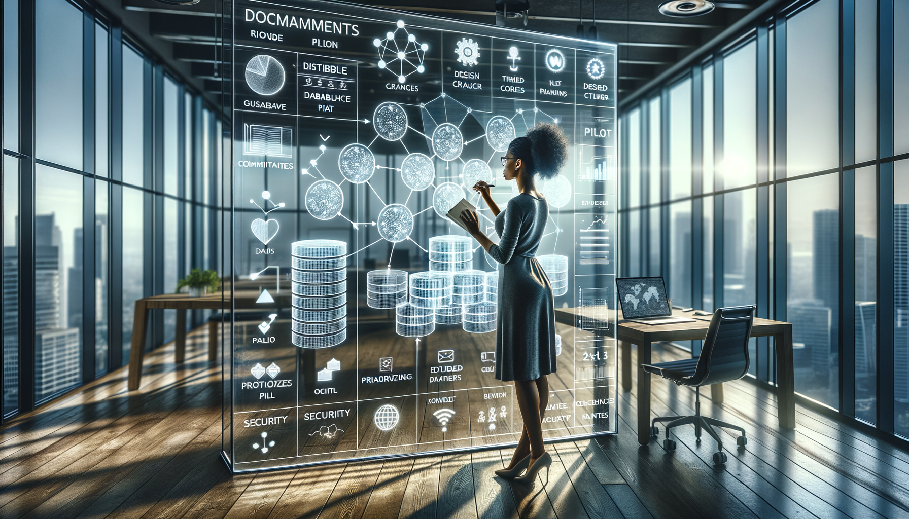 Data analyst reviewing a transparent digital dashboard in a high-rise office, with holographic charts, network nodes, and stacked coin icons against a sunlit city skyline.