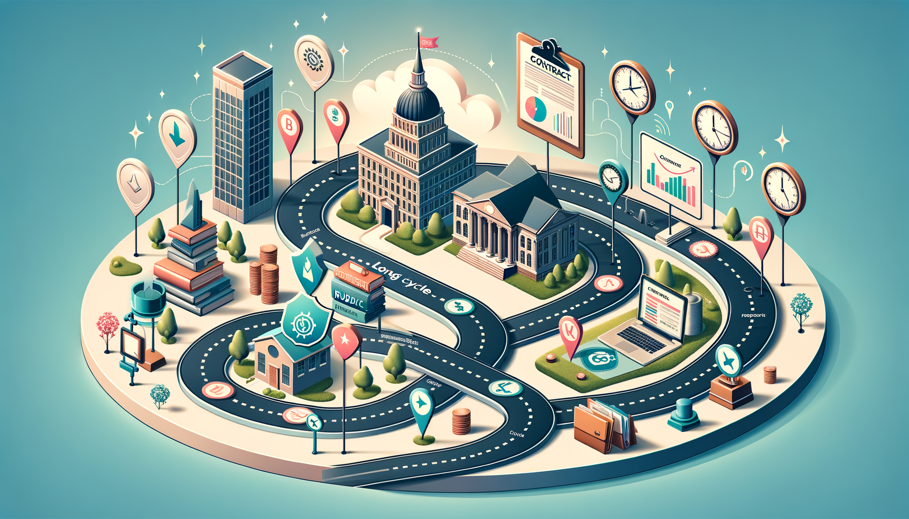 Isometric roadmap of public procurement, featuring a capitol and courthouse, clocks, a contract sheet, charts, map pins, and a laptop along winding roads that link offices, coins, and files.