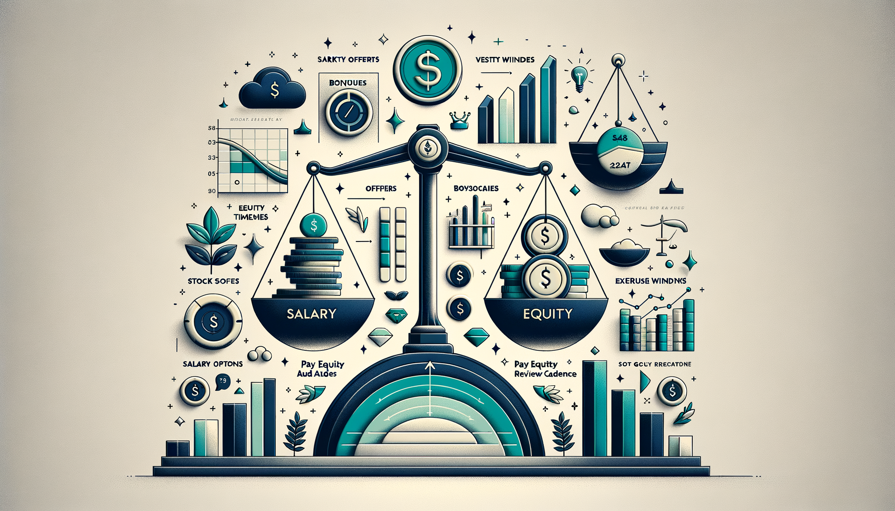 Illustrated infographic of balanced scale comparing salary and equity compensation, with coins, charts, stock options, growth bars, and teal accents on a clean beige background.