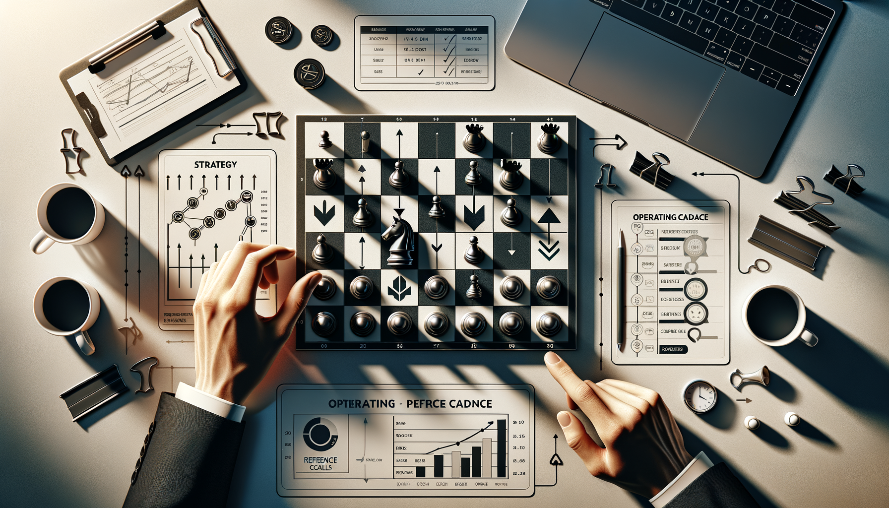 Top-down view of a chessboard on an office desk, surrounded by charts, laptop, coffee, and hands planning moves, symbolizing business strategy, operating cadence, and data-led decision-making.