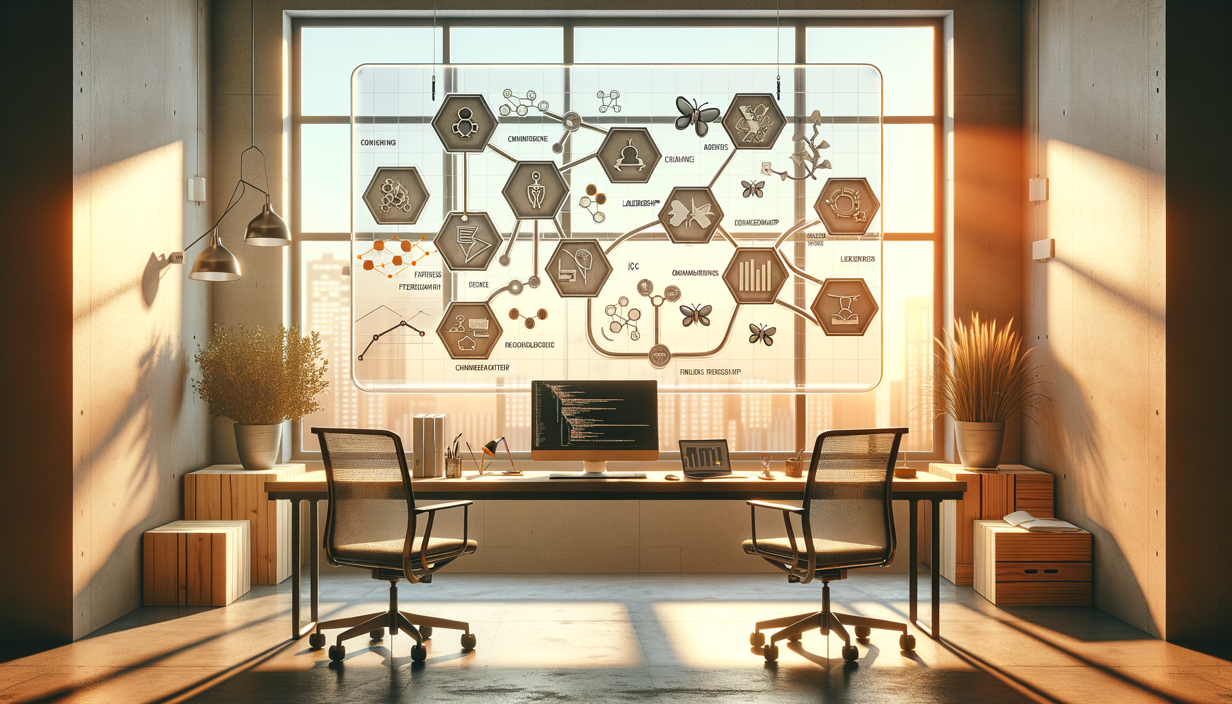 Modern sunlit office with two mesh chairs and a long wooden desk, a computer displaying code, laptop and plants, set before floor-to-ceiling windows and a glass board filled with hexagonal data diagrams.