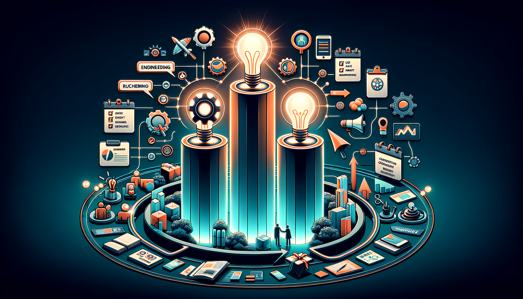 Futuristic infographic with three glowing light bulbs on tall pillars, linked to gears, charts, clipboards, arrows, and books, symbolizing innovation workflows, product development stages, and data-driven strategy.