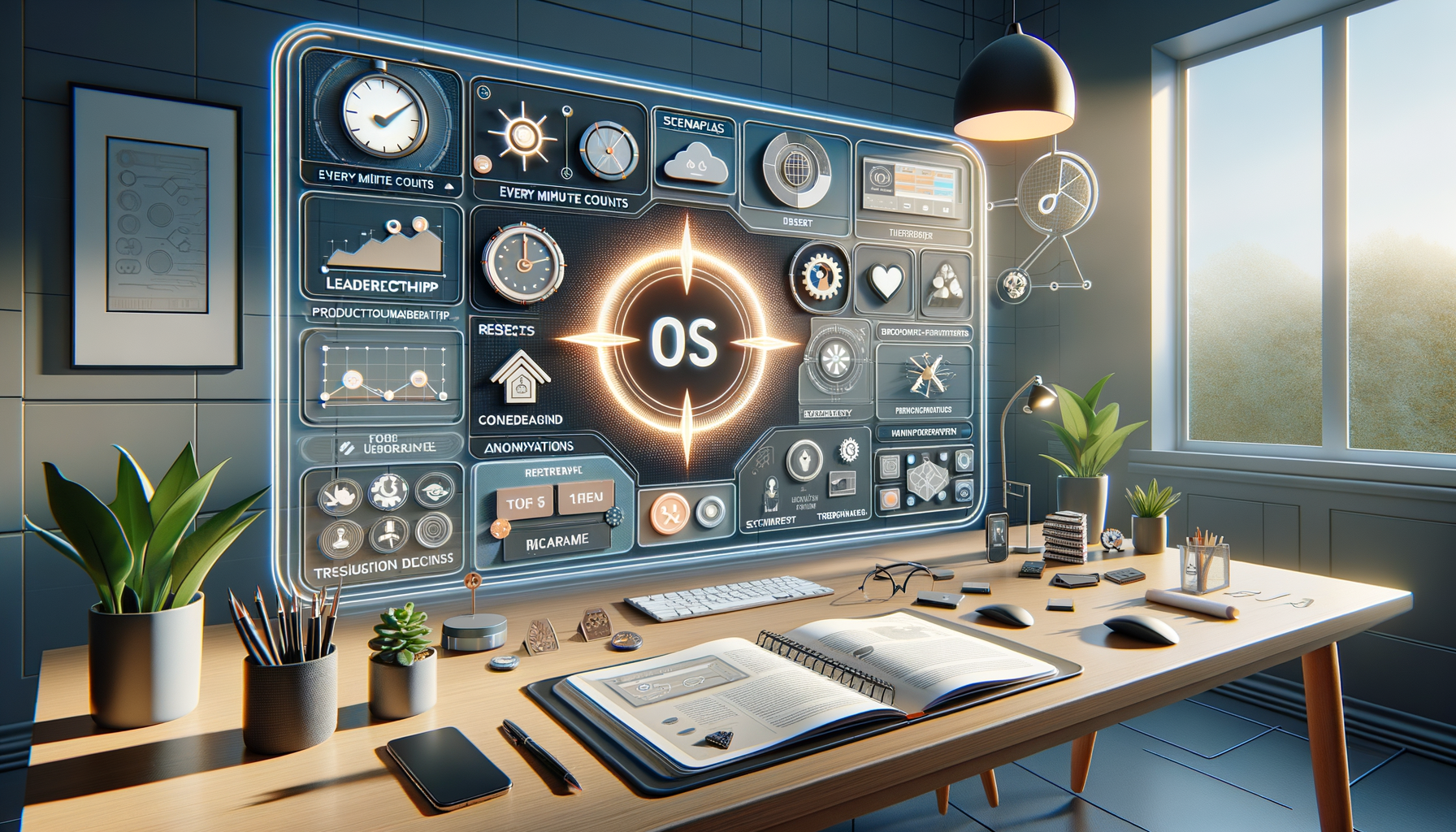 Futuristic home office with a glowing OS dashboard on a wall-sized screen, sunlit wooden desk with open notebook, keyboard, phone, glasses, and plants, blending productivity and workspace design.
