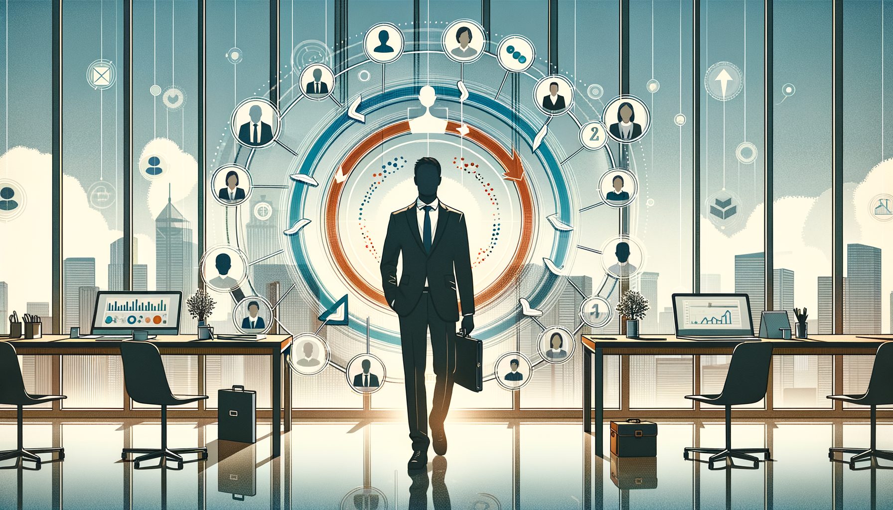 Illustrated office scene with a suited professional walking between desks as a circular UI of profile icons and arrows surrounds them, representing leadership, hiring pipelines, team collaboration, and data-driven strategy.