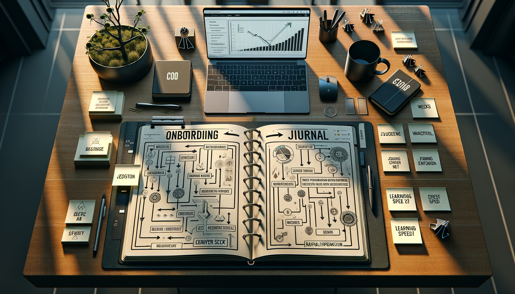 Top-down view of a modern office desk with an open onboarding journal showing flowcharts, a laptop displaying a rising bar chart, neatly arranged sticky notes, pens, clips, a mug, and a small plant in warm light.