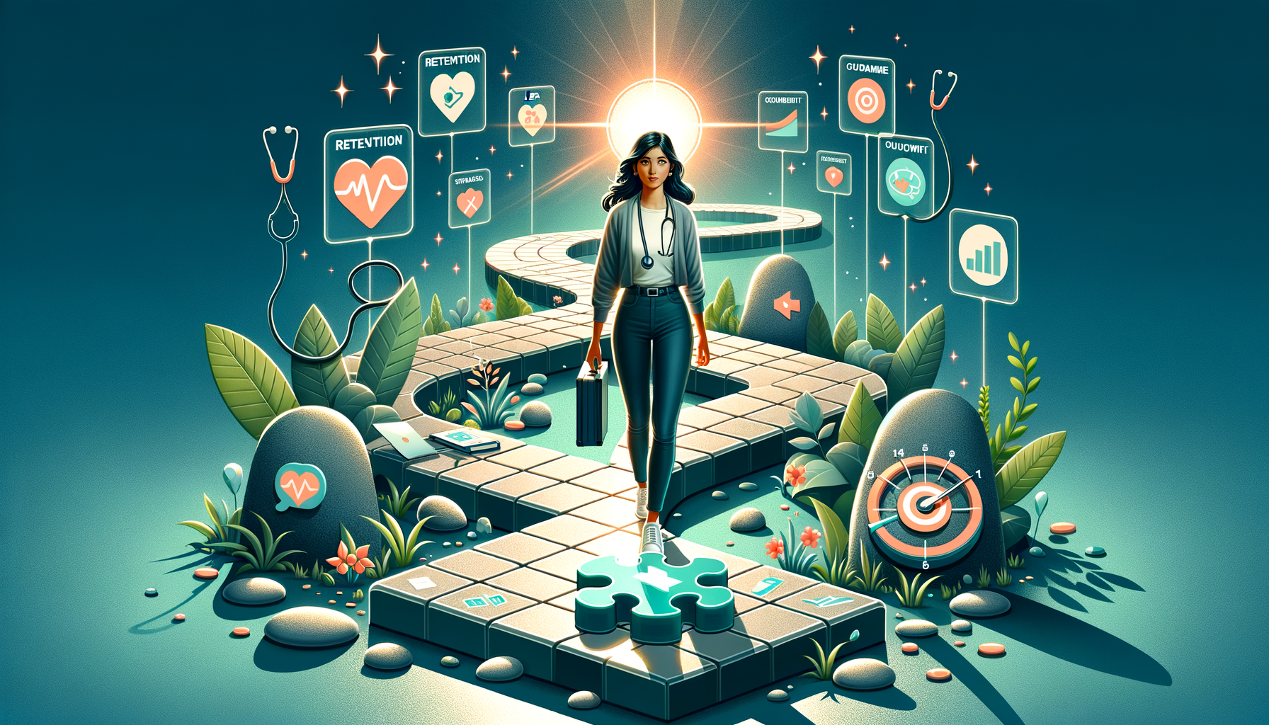 Illustrated healthcare professional walking a winding tile path toward a bright goal, surrounded by medical icons, stethoscopes, analytics charts, a target, and a puzzle piece amid lush plants.