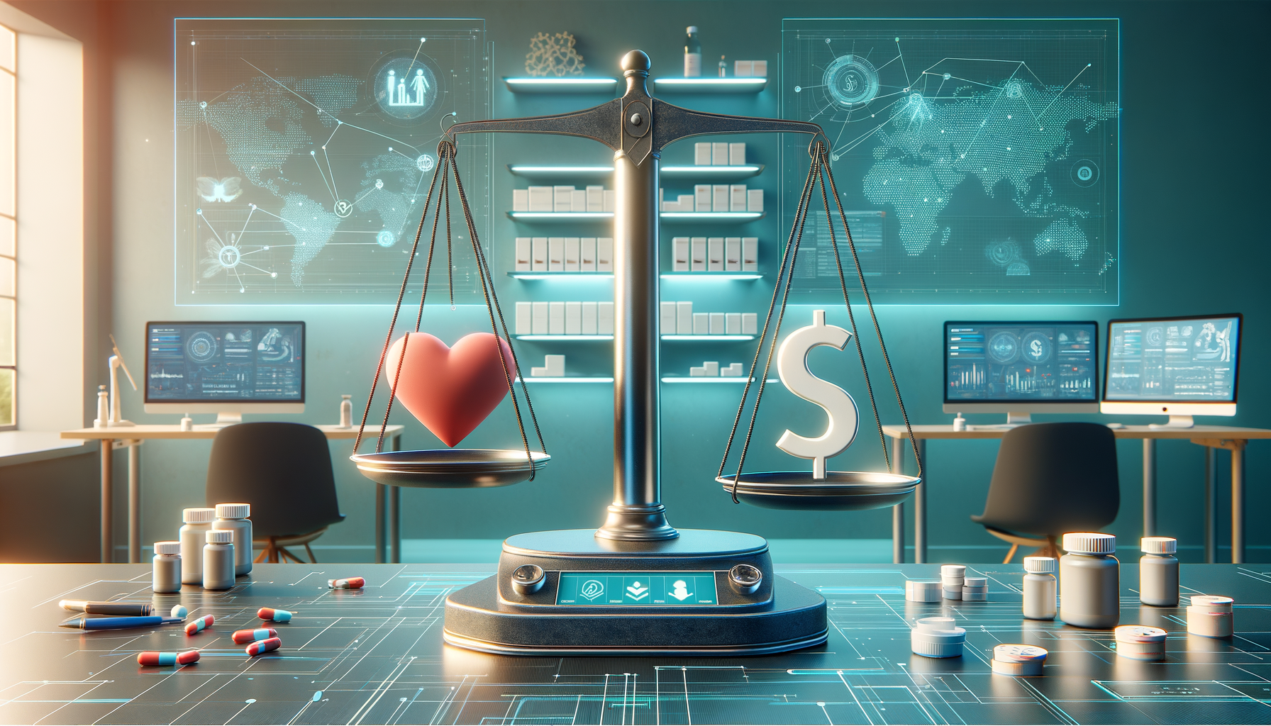 Futuristic lab scene with balanced scales weighing a red heart against a dollar sign, surrounded by pills, bottles, computers, and glowing dashboards, symbolizing healthcare costs and ethics.