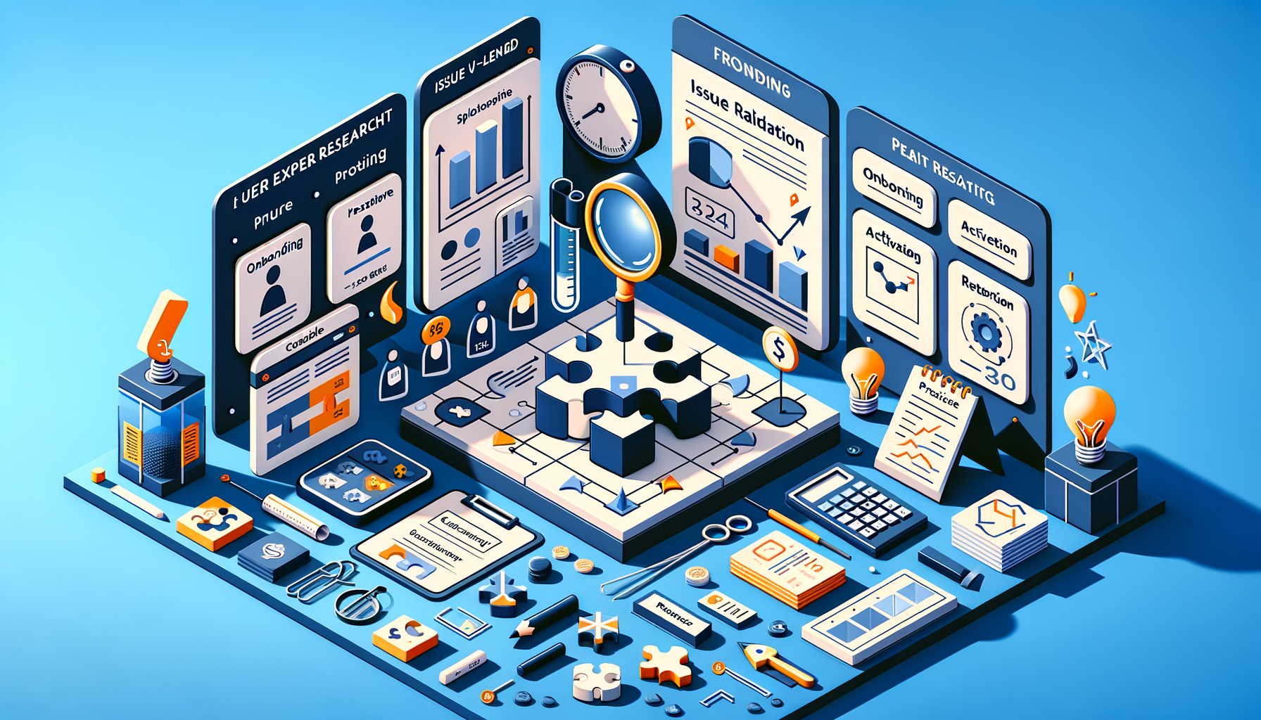 Isometric illustration of a product analytics workspace with dashboards, charts, and a magnifying glass over puzzle pieces, highlighting UX research, onboarding, activation, retention, and growth metrics.