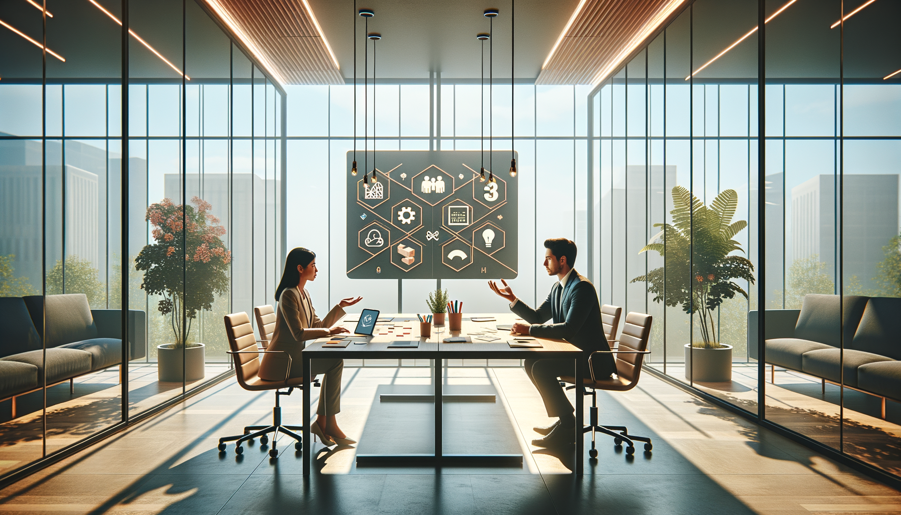 Modern glass-walled office where two business professionals sit across a table discussing strategy, a hexagon icon dashboard behind them, city skyline beyond, and potted plants in warm natural light.