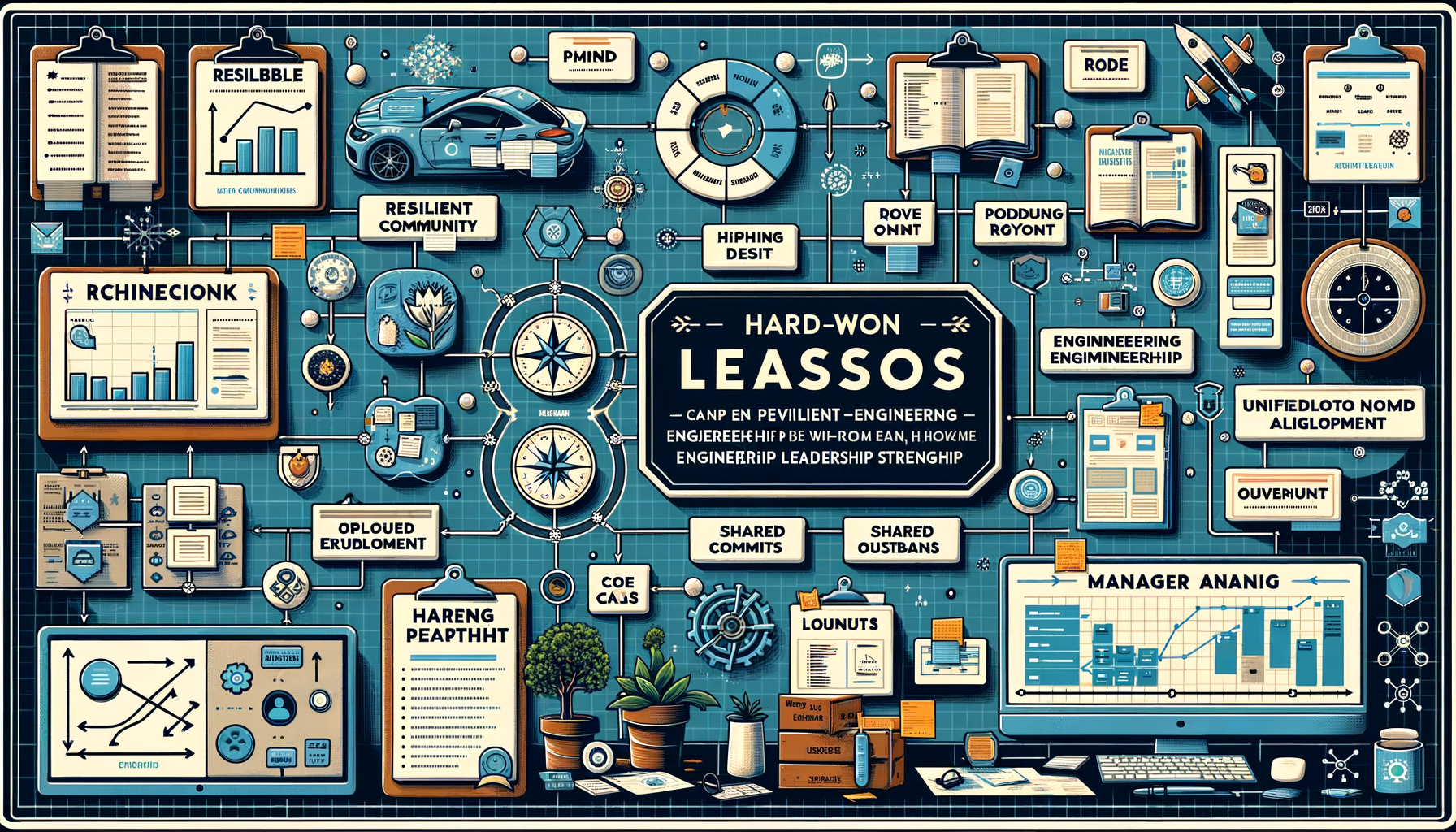 Engineering leadership infographic on a blue grid: central lessons badge with charts, flow diagrams, monitor, compasses, car prototype, gears, books, and sticky notes connected by lines.