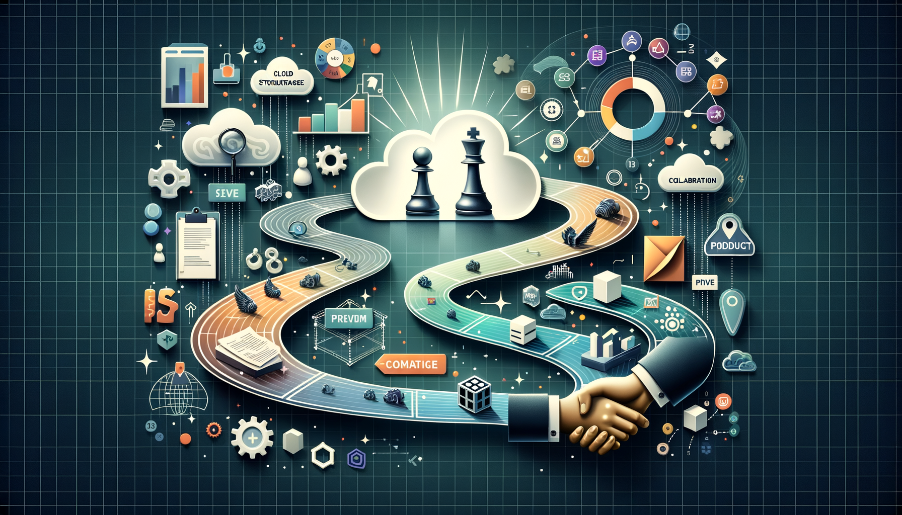 Illustrated product roadmap winding through data dashboards, cloud icons, and chess pieces, symbolizing strategy, analytics, and collaboration, ending in a handshake and product delivery.