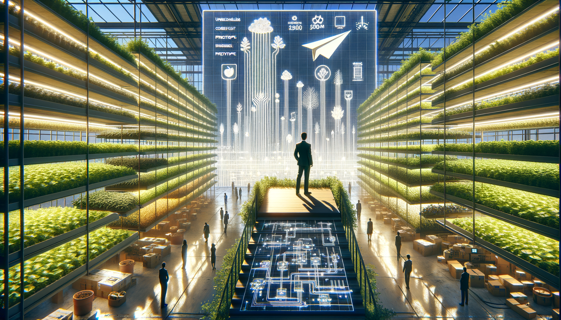 High-tech vertical farm inside a glass greenhouse, with multi-level LED grow racks of leafy greens, a figure on a raised platform reading holographic data, and people walking the central aisle.