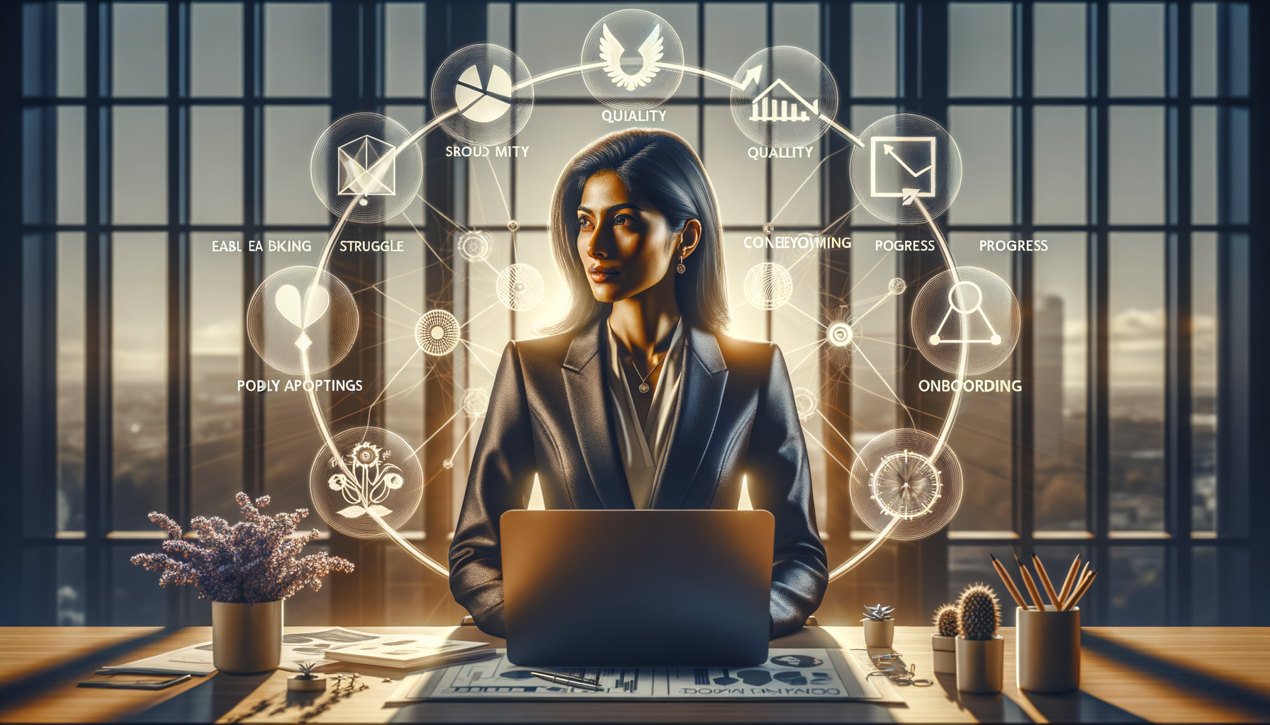 Business professional at a laptop in a modern office, framed by sunset window light, with luminous UI icons for quality, progress, onboarding, and analytics visualizing strategic decision-making.