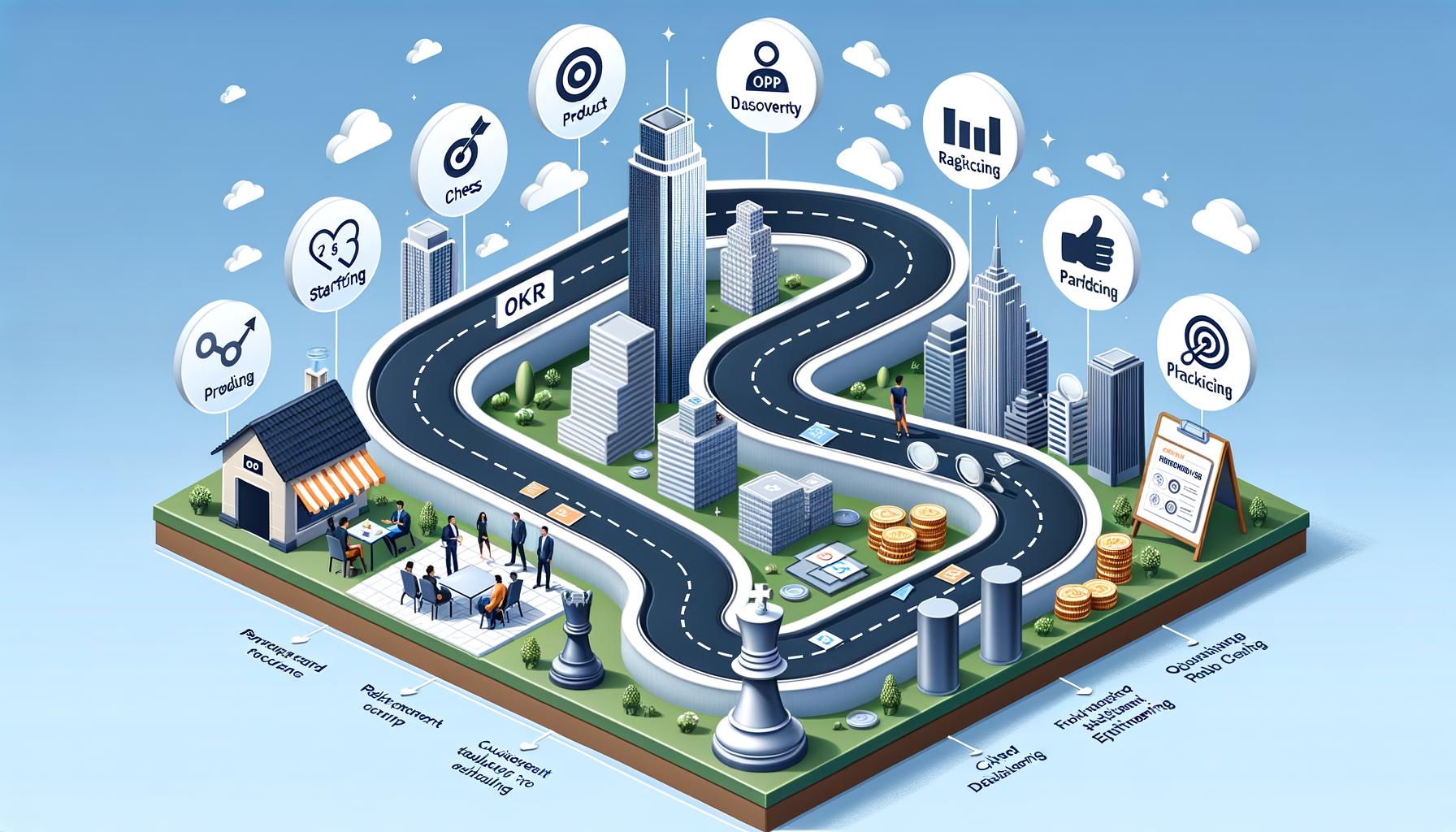 Isometric business roadmap winding through a cityscape with OKR, milestones, and icons for product, analytics, and staffing; team workshop, coins, charts, and chess pieces symbolize strategy, funding, and growth.
